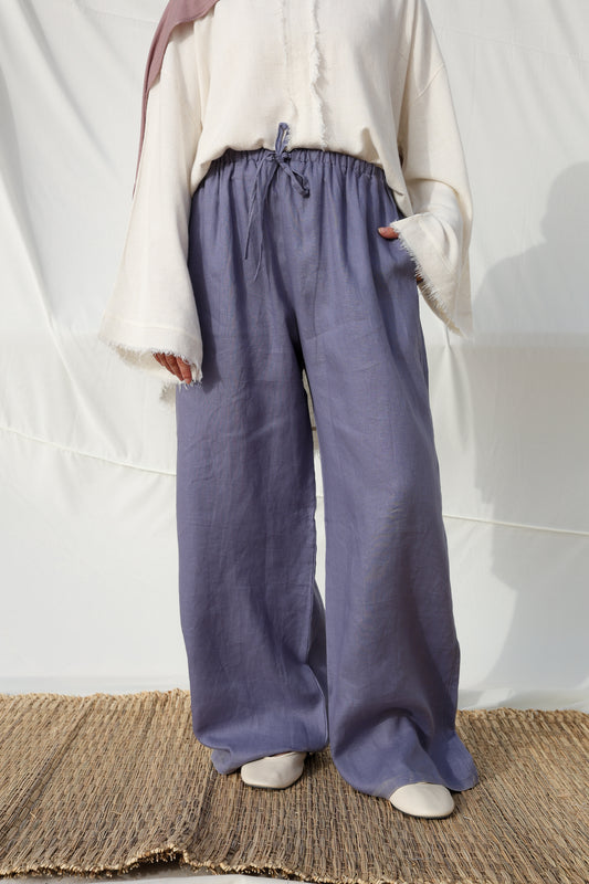 Wide Leg Linen Pants in Blue Jeans