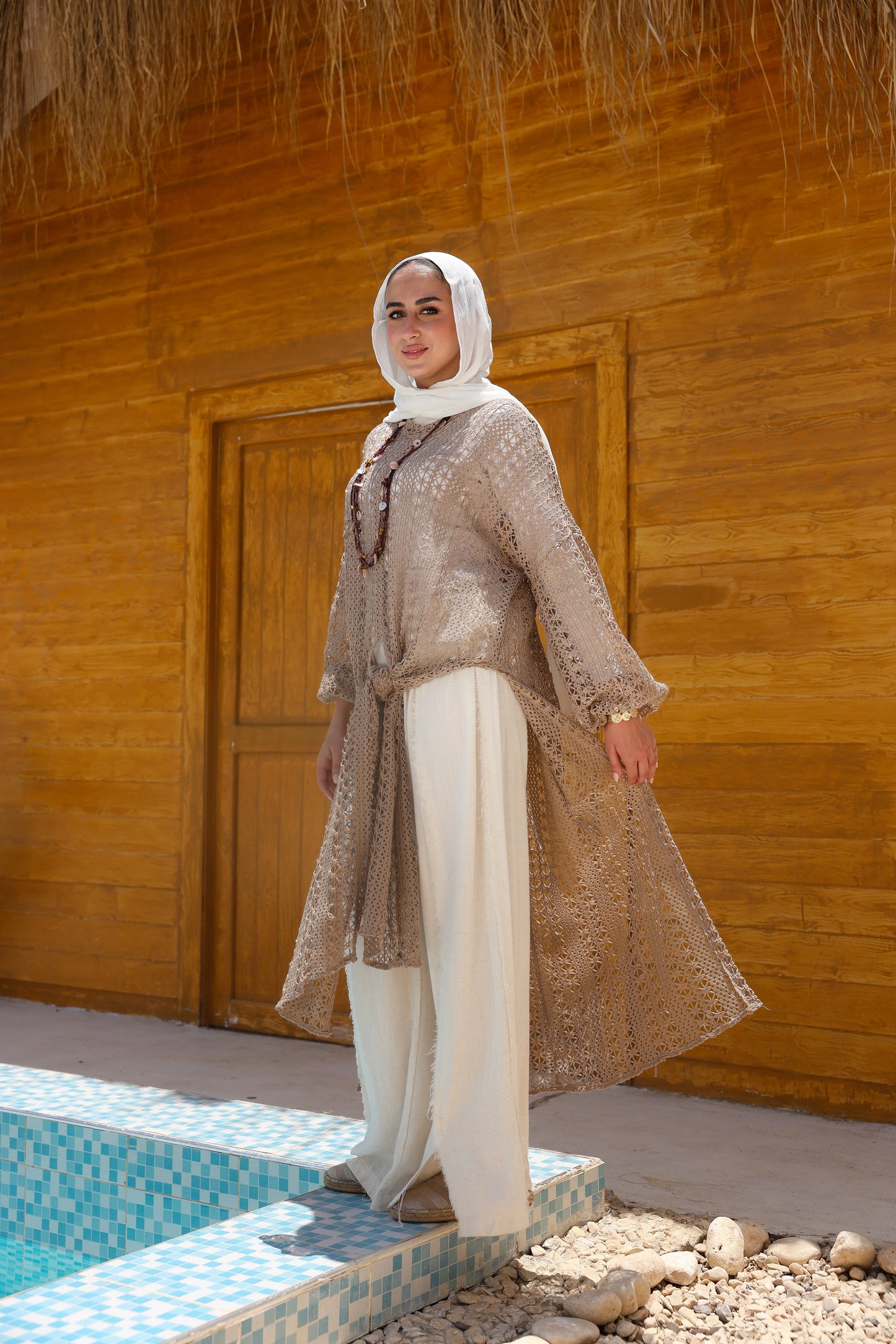 Cascade Net Dress in Café