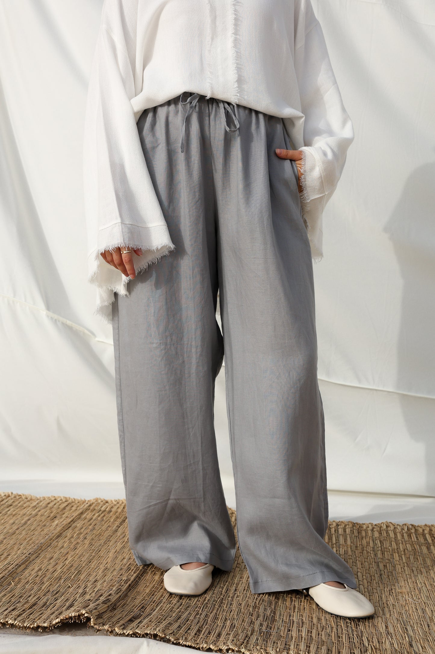 Wide Leg Linen Pants in Grey
