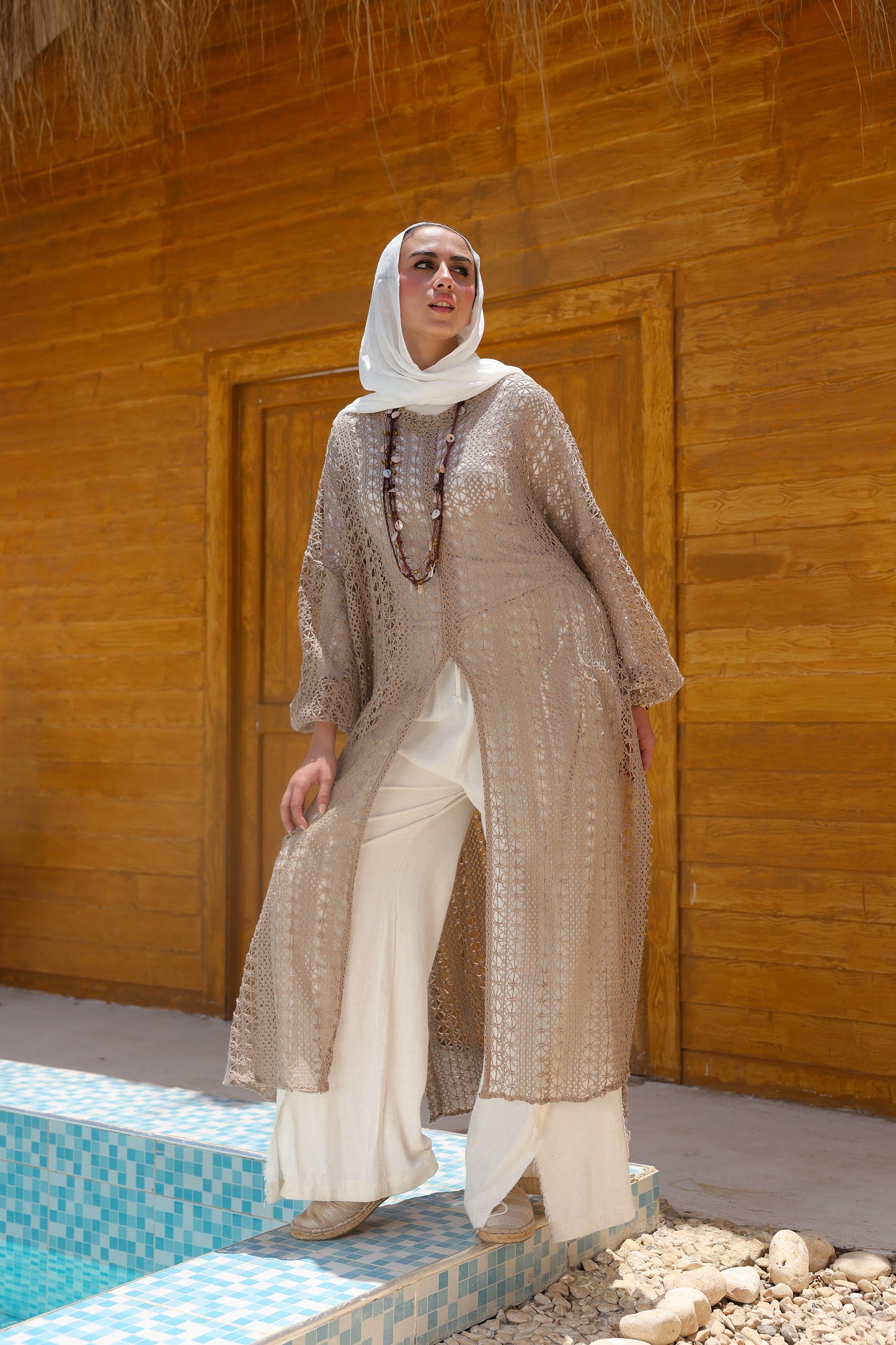 Cascade Net Dress in Café