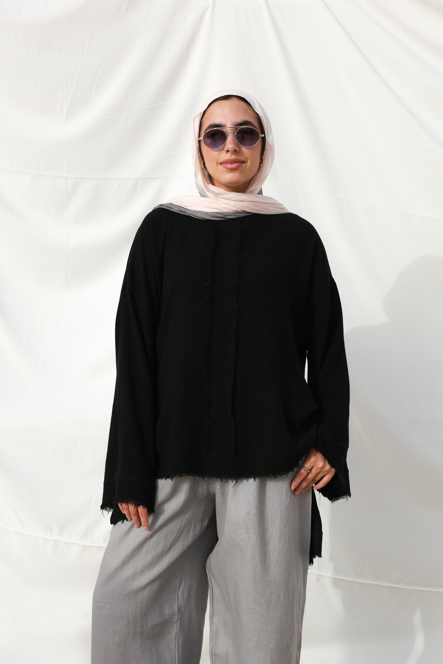 The Unfinished Bell Sleeves Linen Top in Black
