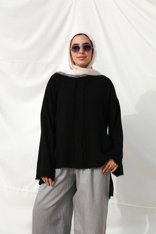 The Unfinished Bell Sleeves Linen Top in Black