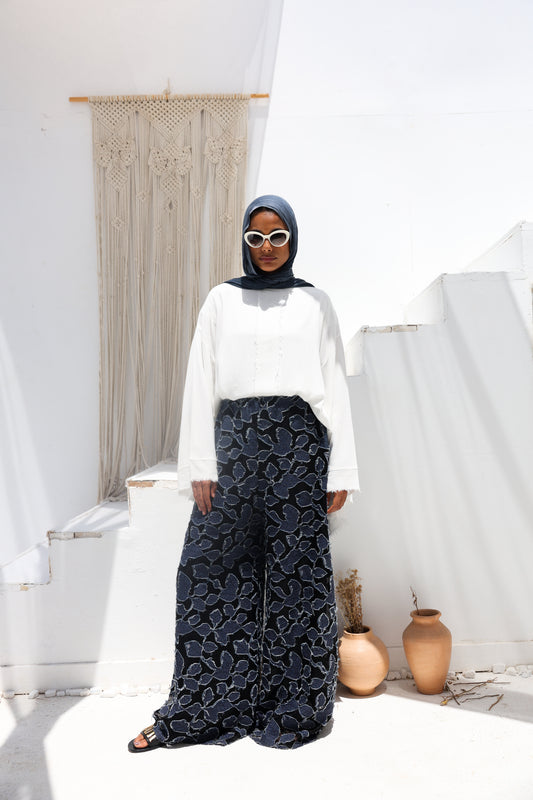 Denim Lace Mesh Palazzo Pants