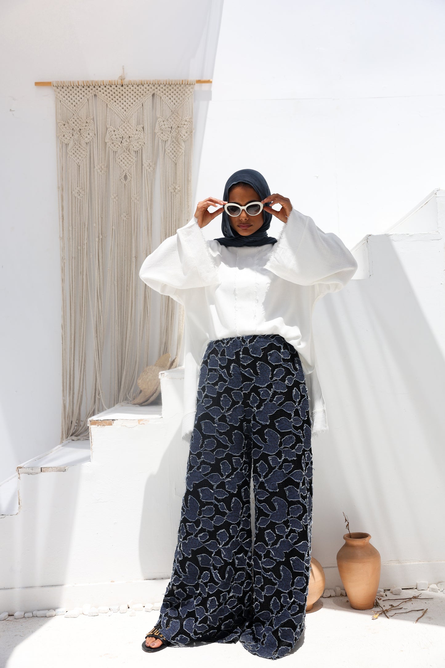 Denim Lace Mesh Palazzo Pants