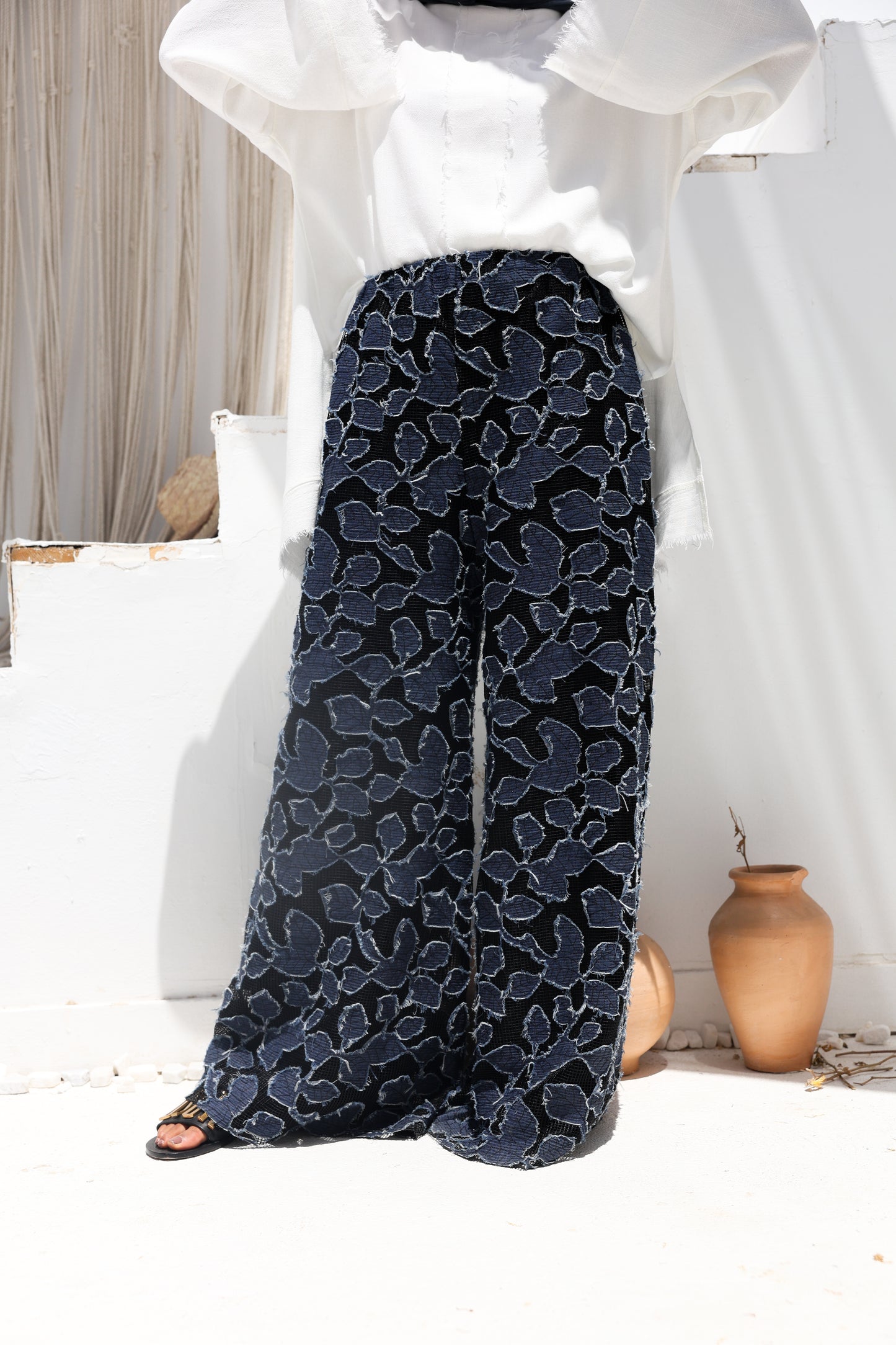 Denim Lace Mesh Palazzo Pants