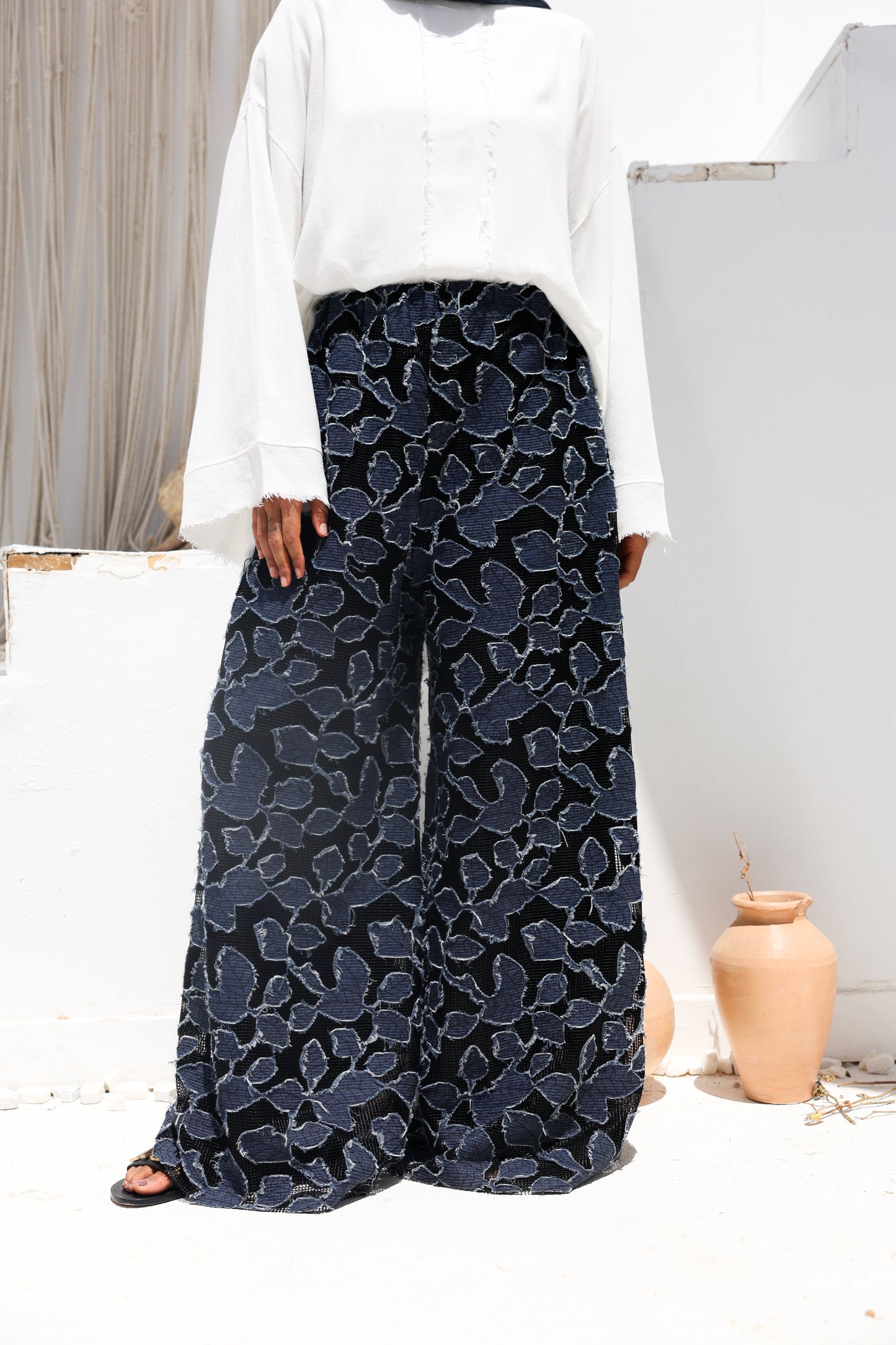 Denim Lace Mesh Palazzo Pants