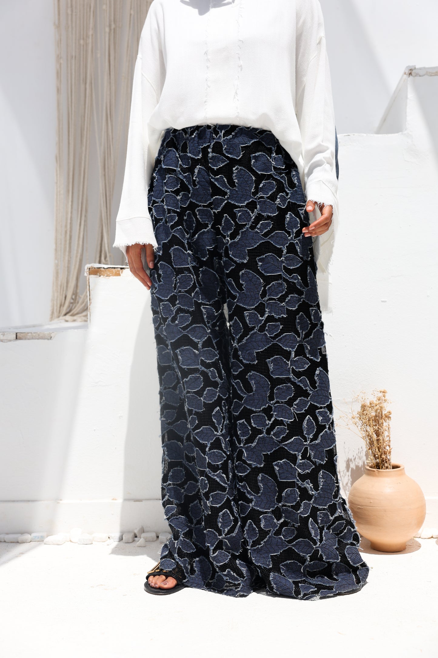 Denim Lace Mesh Palazzo Pants