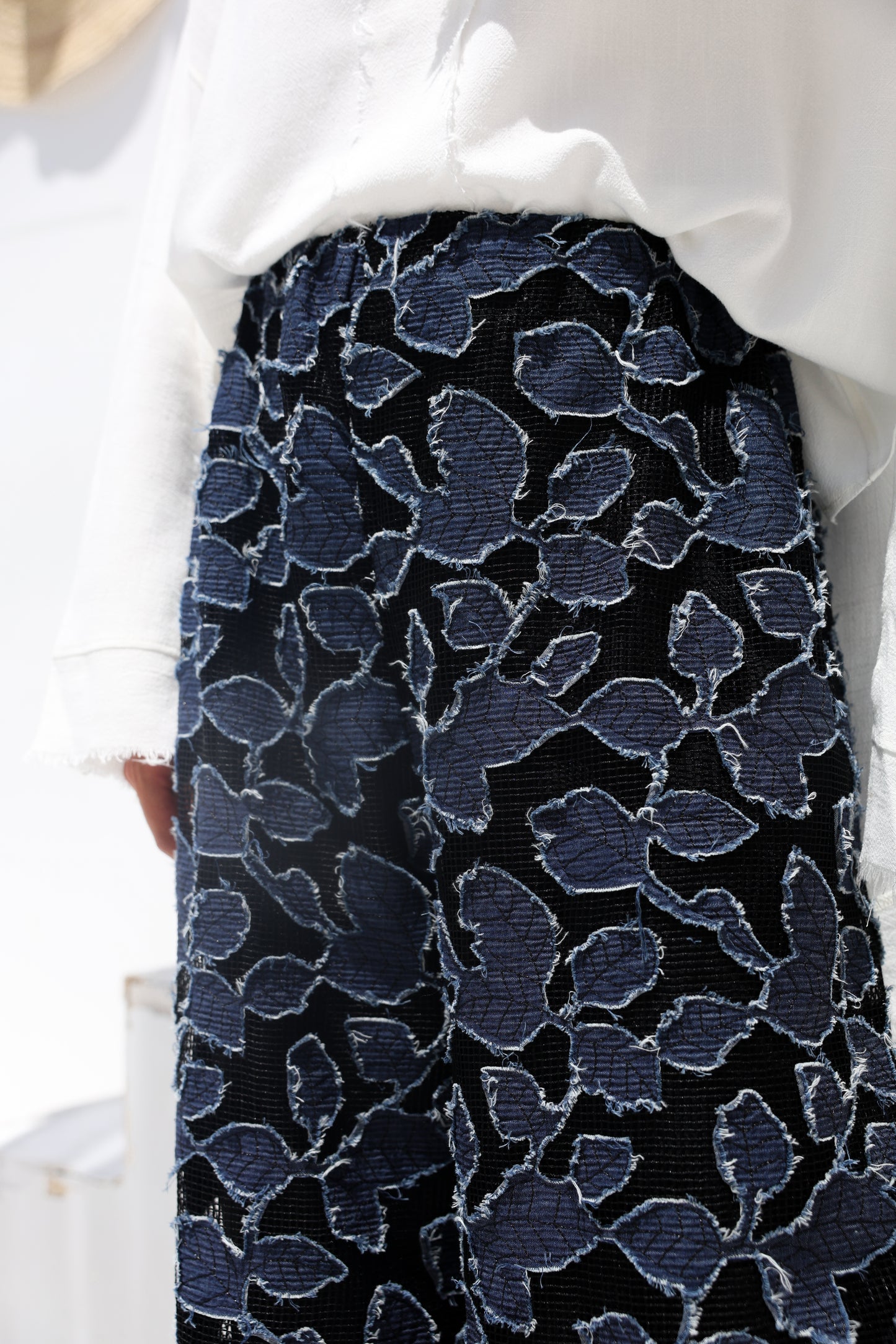Denim Lace Mesh Palazzo Pants