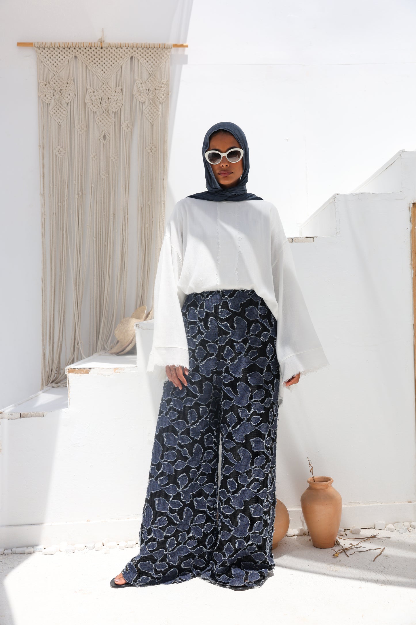 Denim Lace Mesh Palazzo Pants