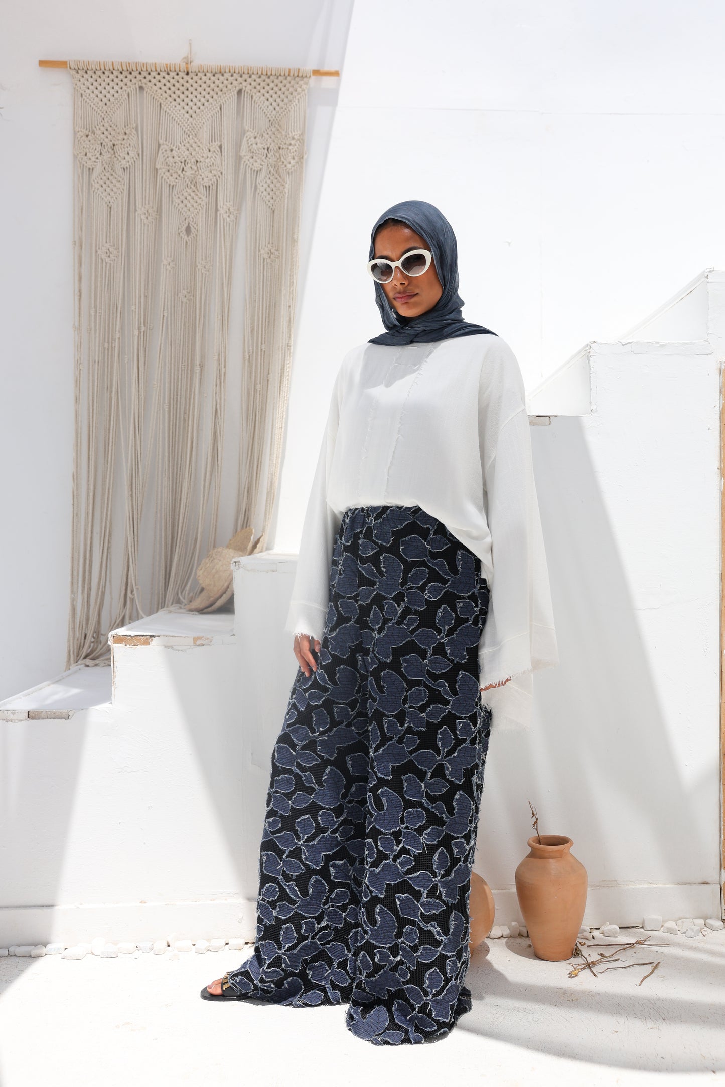 Denim Lace Mesh Palazzo Pants