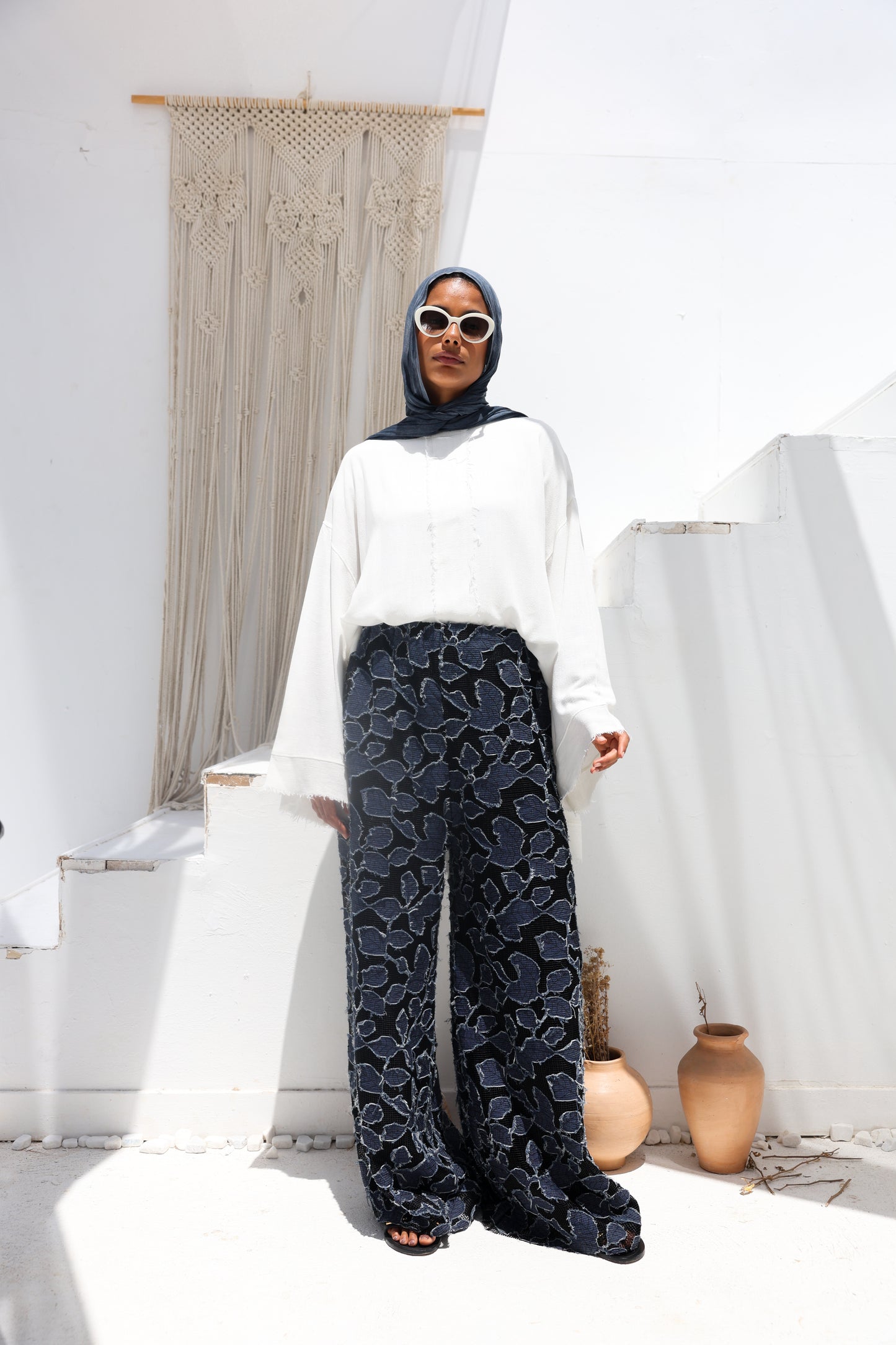 Denim Lace Mesh Palazzo Pants