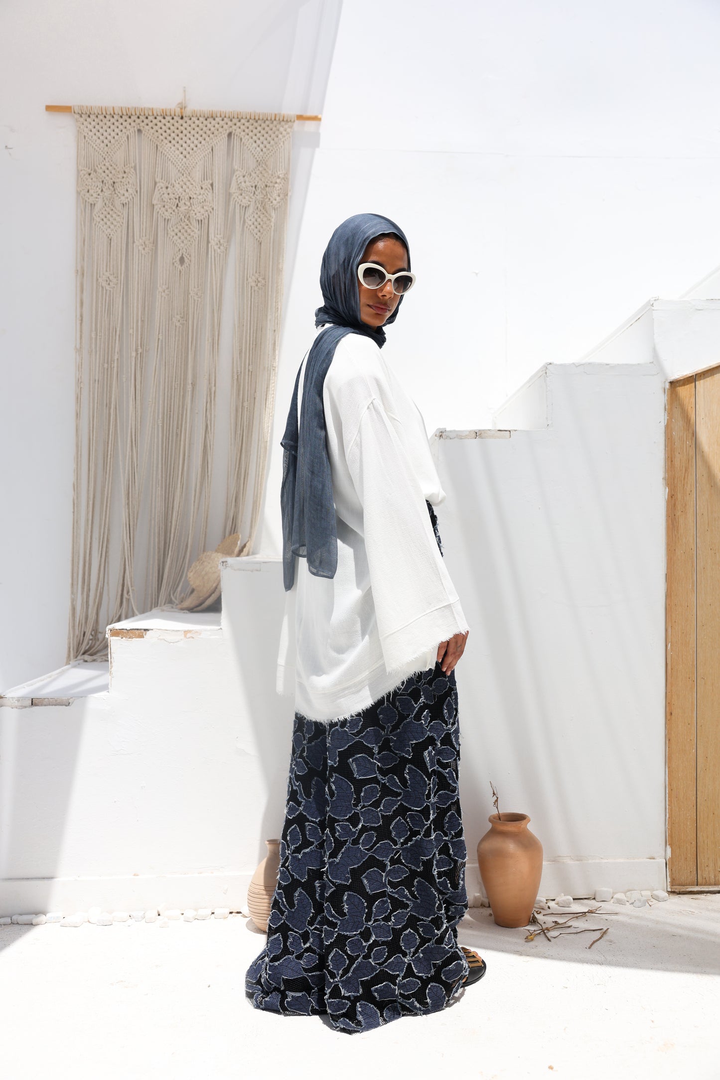 Denim Lace Mesh Palazzo Pants