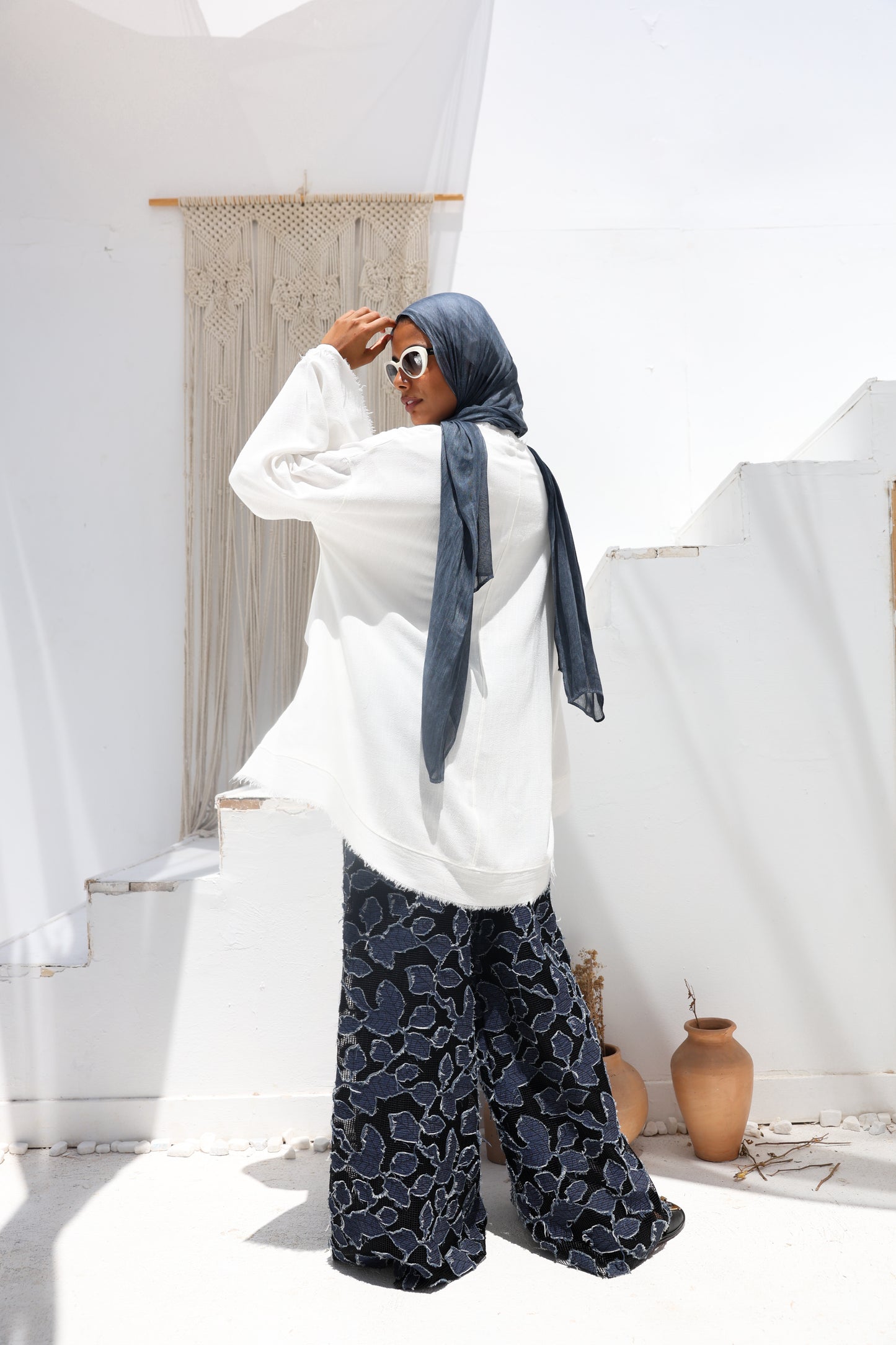 Denim Lace Mesh Palazzo Pants