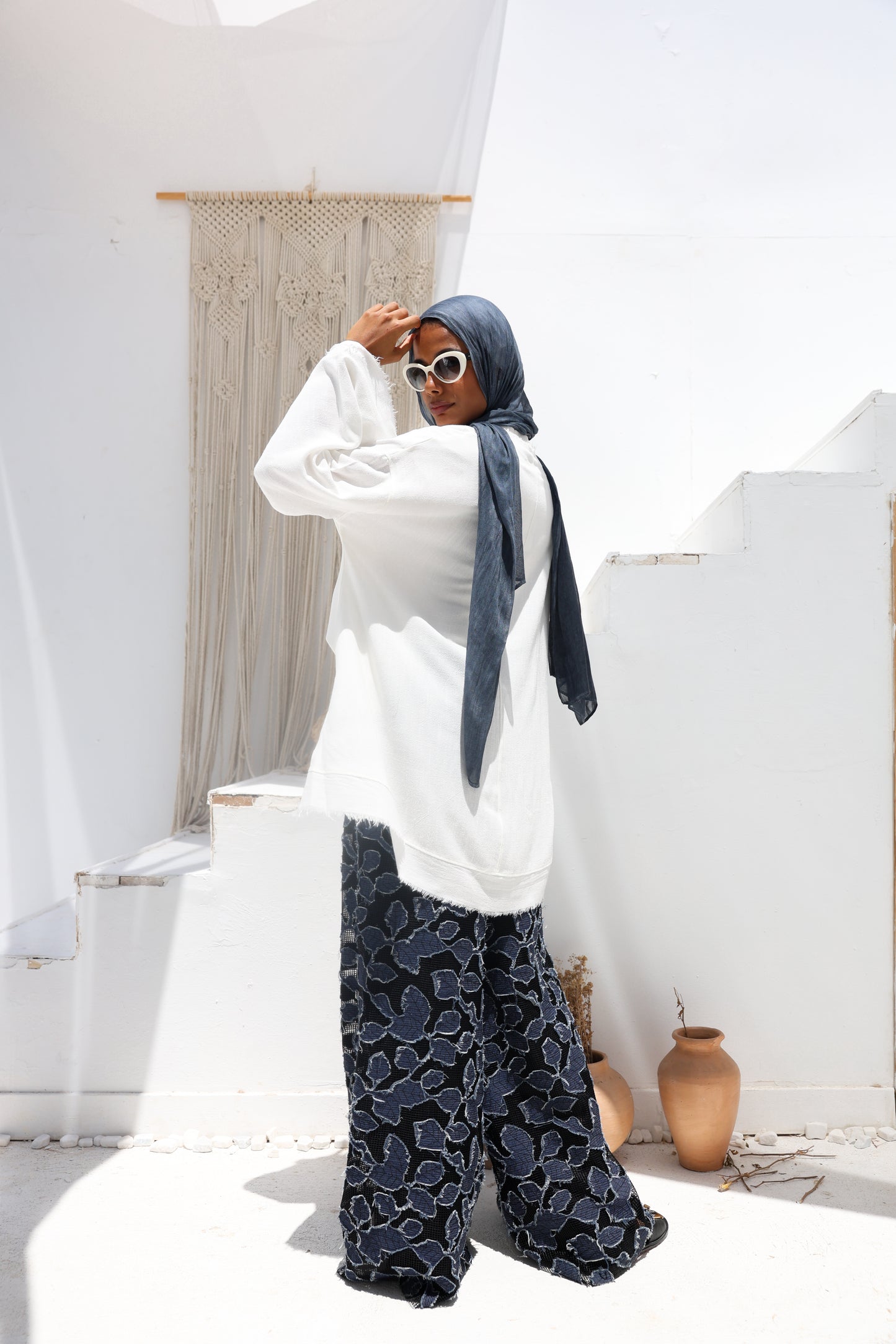 Denim Lace Mesh Palazzo Pants