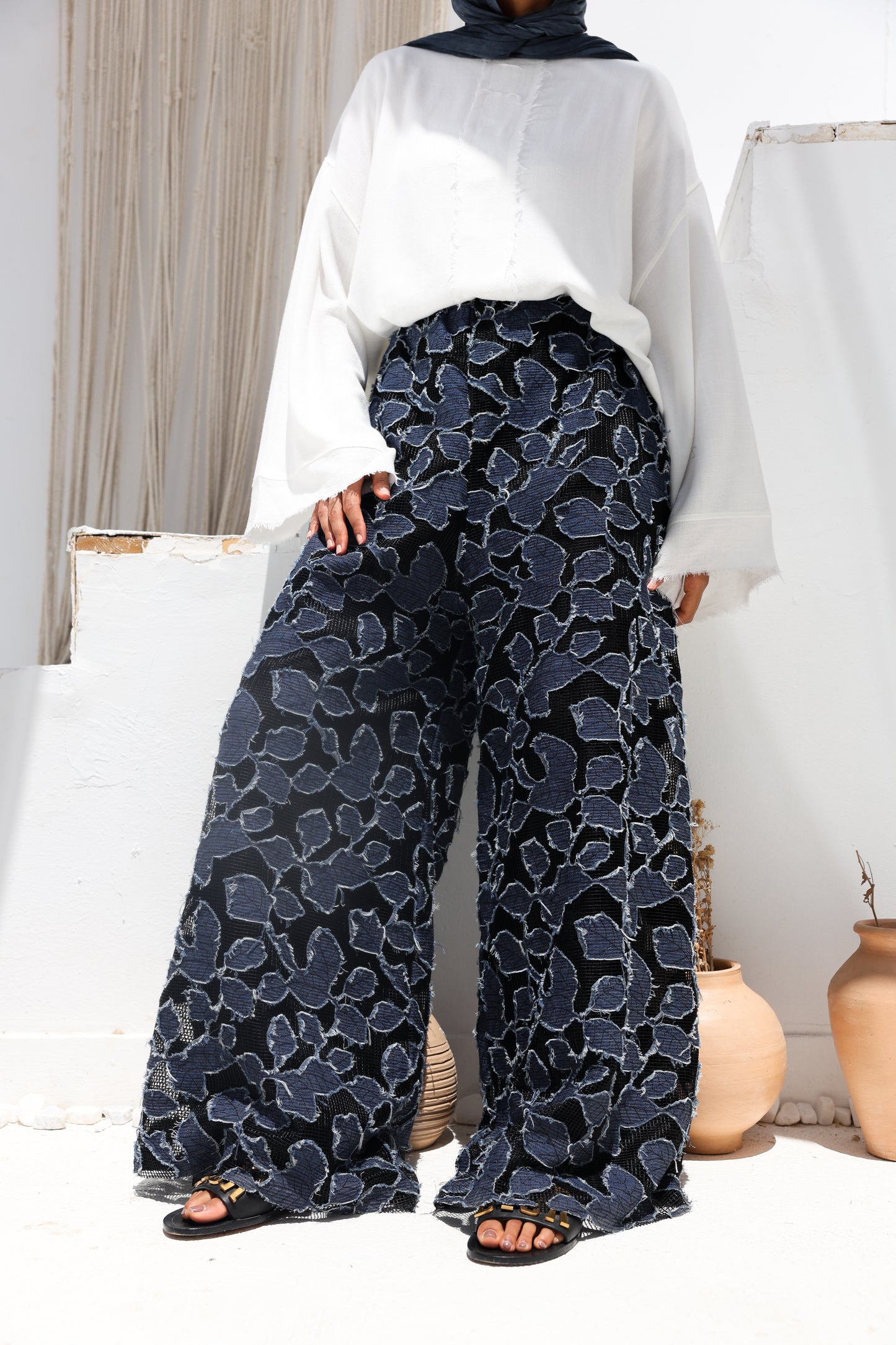 Denim Lace Mesh Palazzo Pants