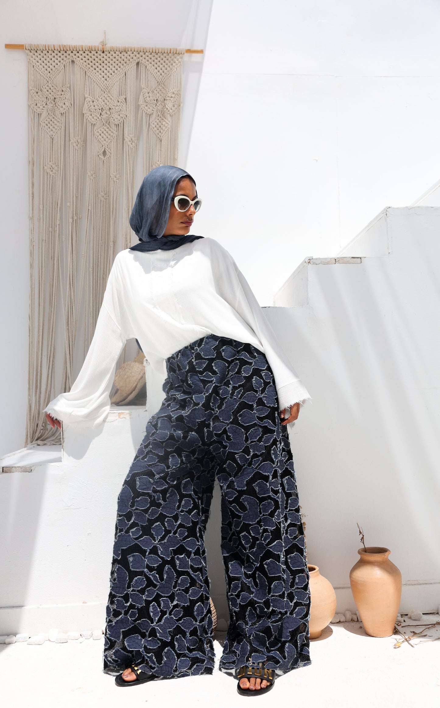 Denim Lace Mesh Palazzo Pants