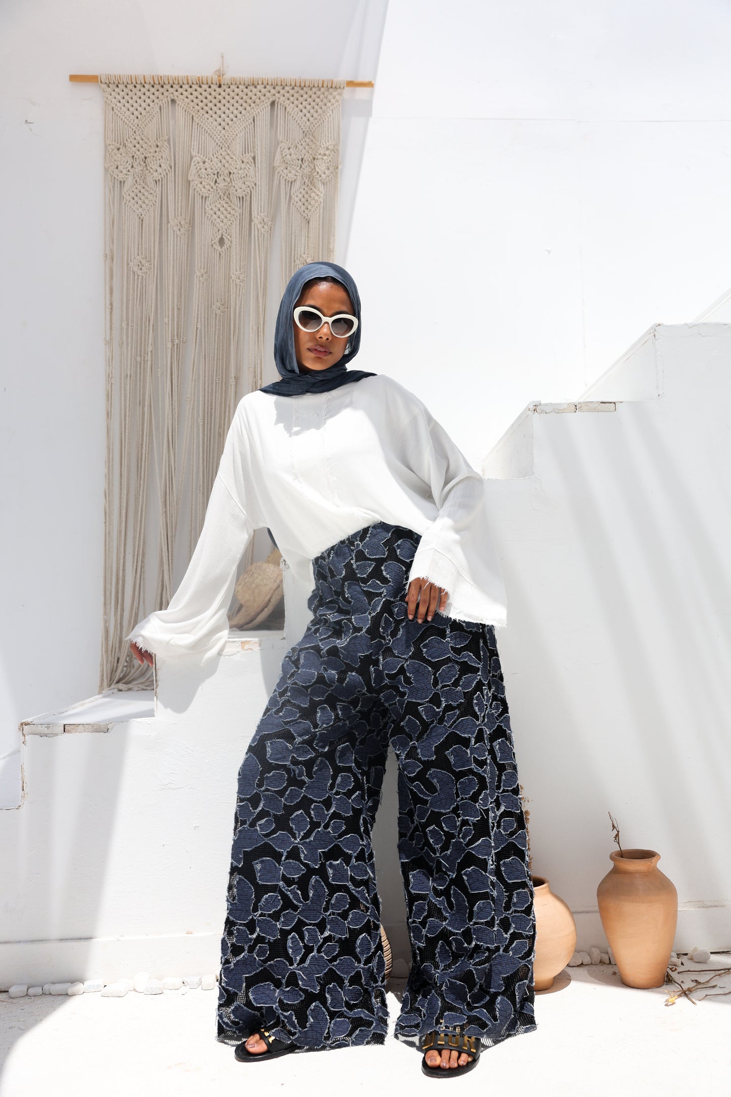 Denim Lace Mesh Palazzo Pants