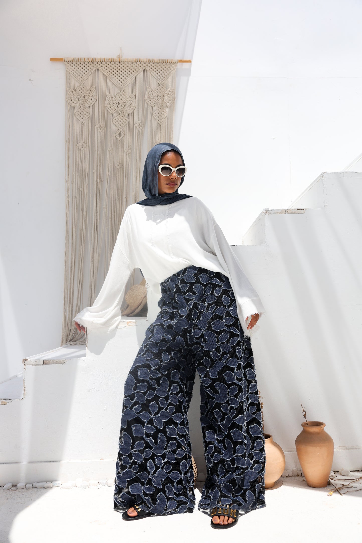 Denim Lace Mesh Palazzo Pants