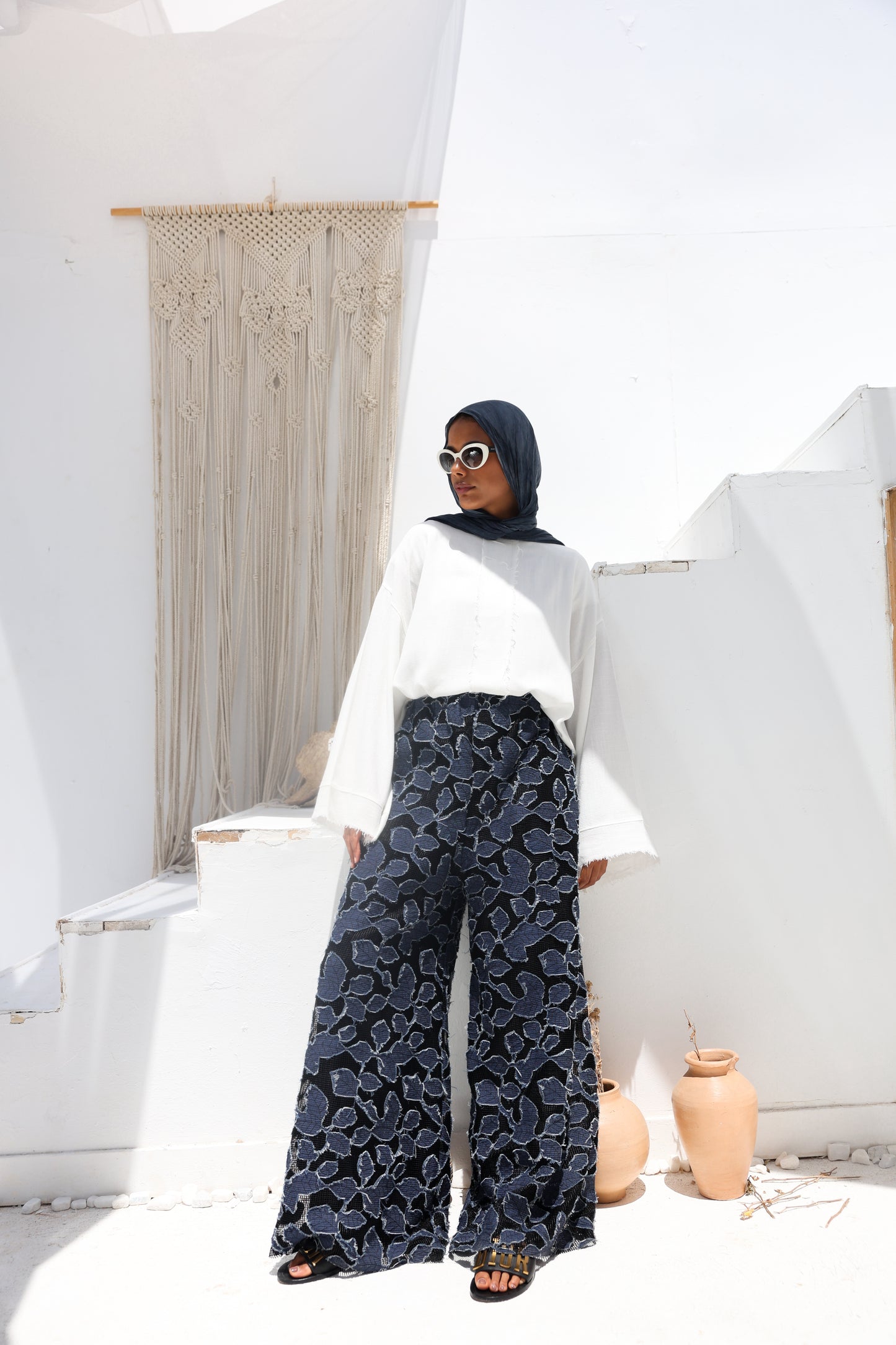 Denim Lace Mesh Palazzo Pants