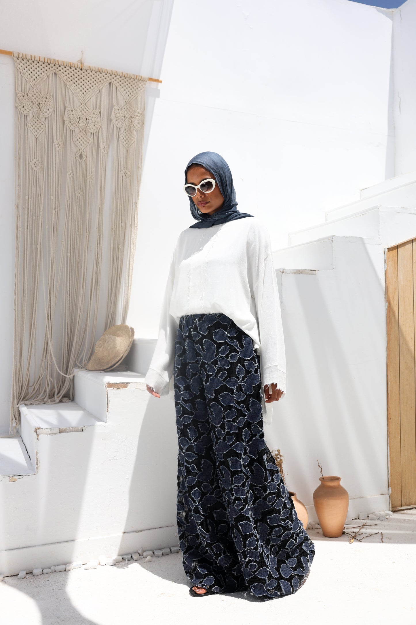 Denim Lace Mesh Palazzo Pants