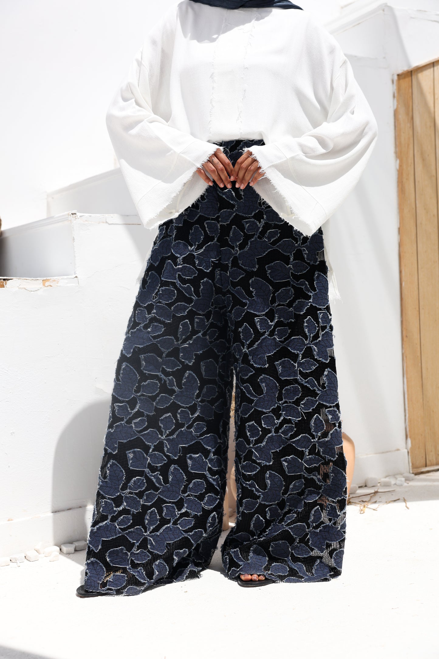 Denim Lace Mesh Palazzo Pants
