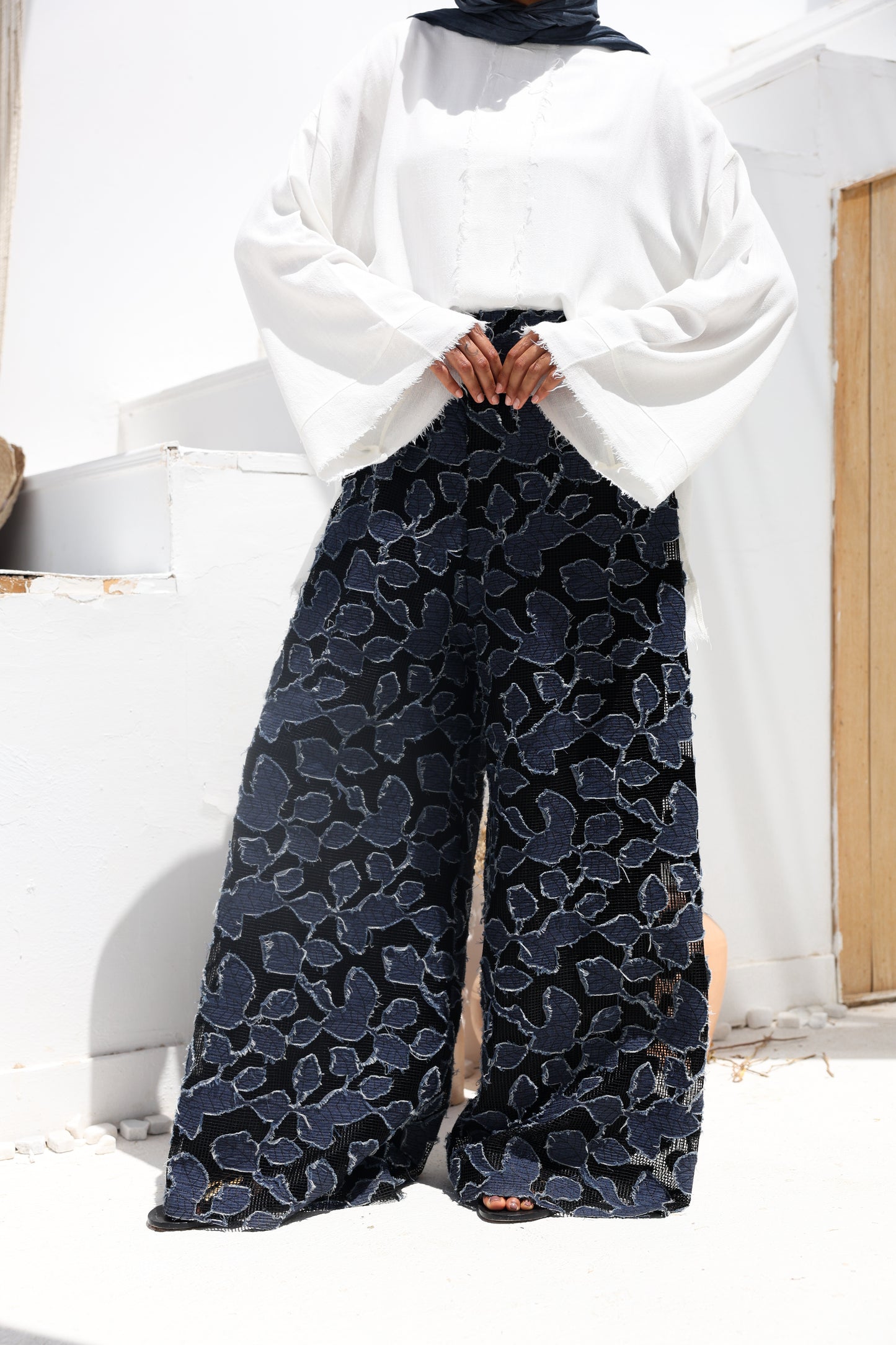 Denim Lace Mesh Palazzo Pants