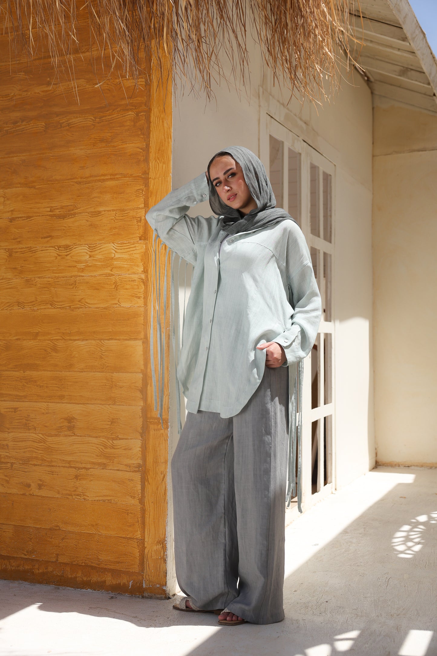 Back Fringes Linen Shirt in Mint