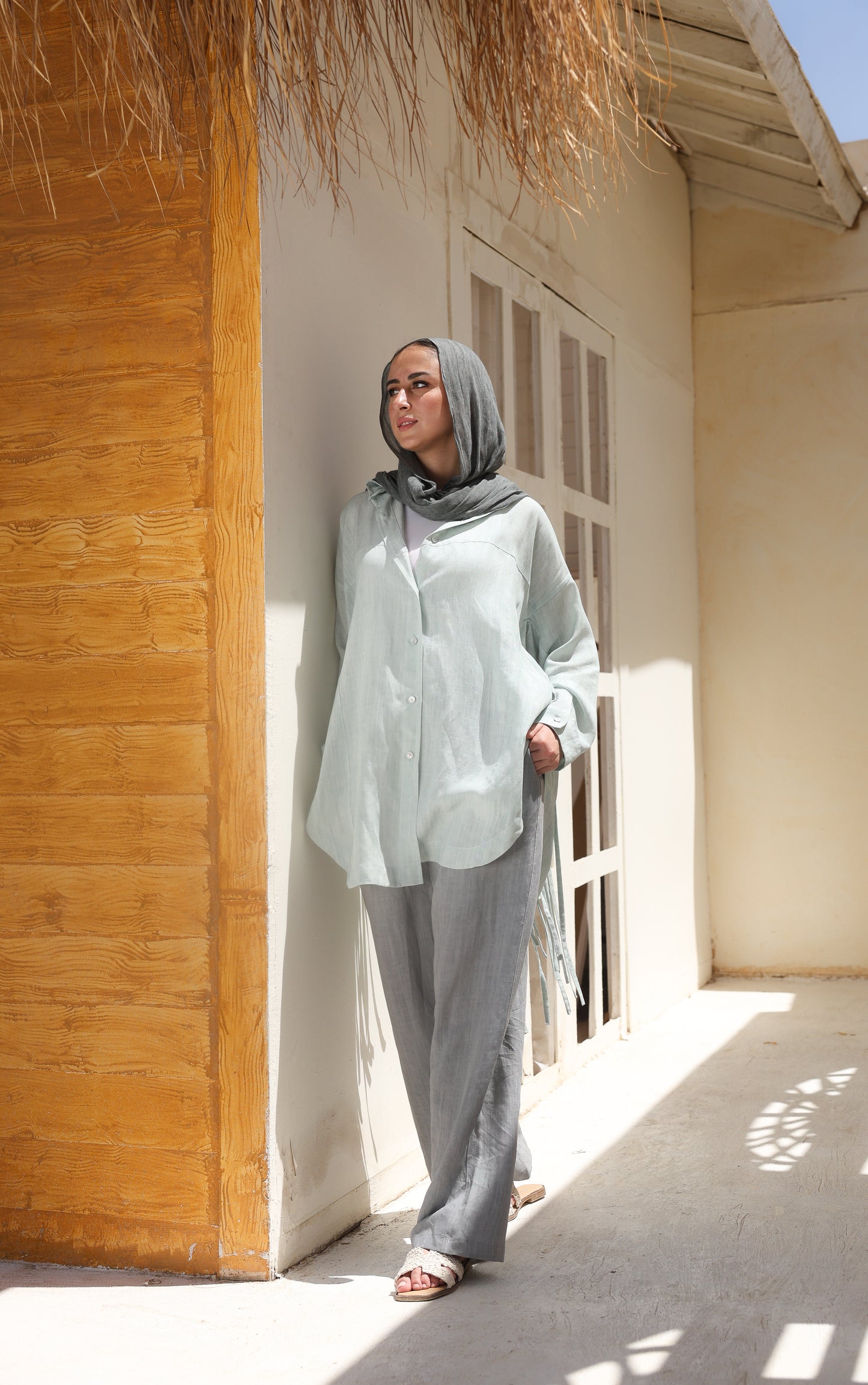 Back Fringes Linen Shirt in Mint