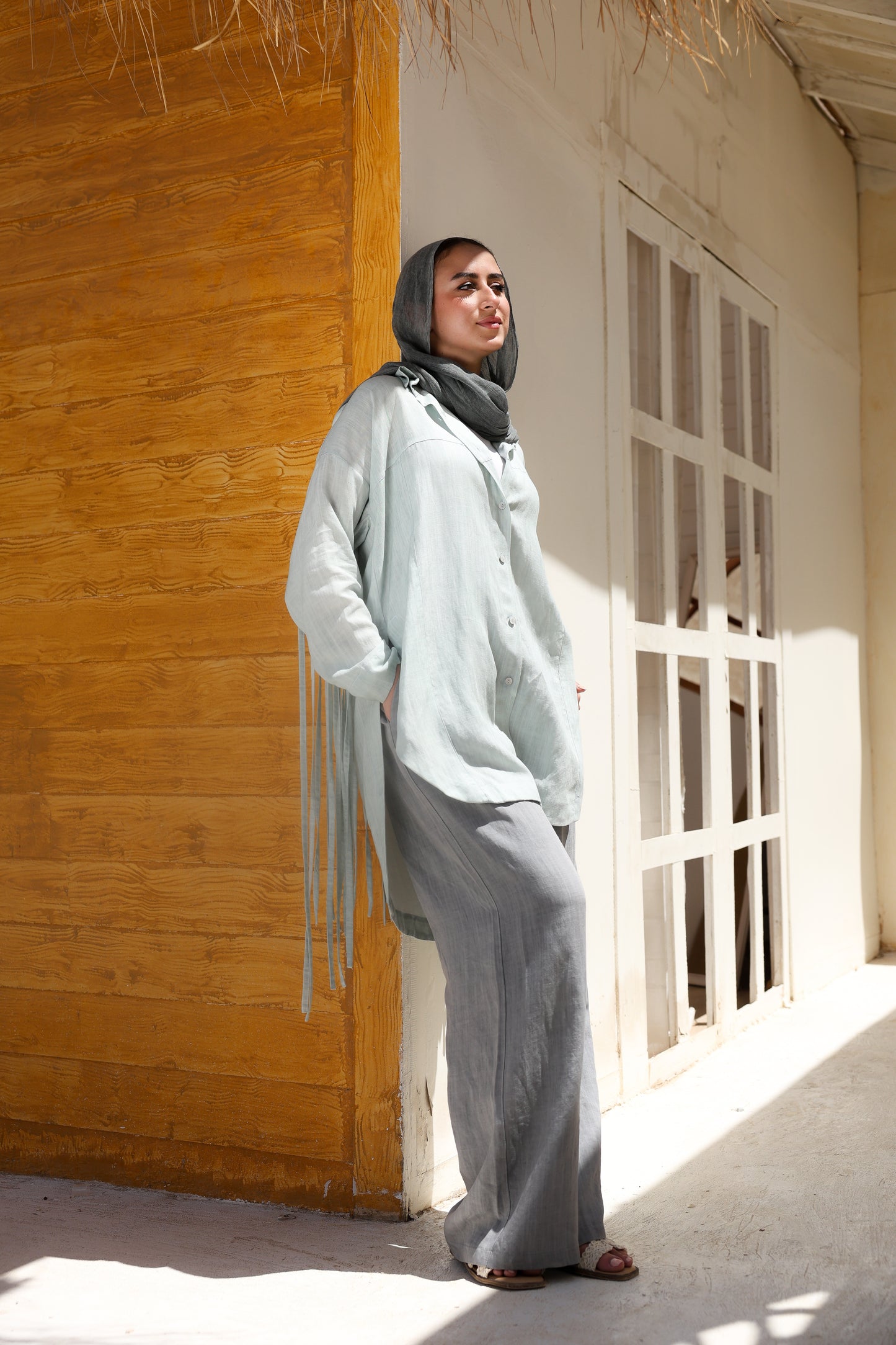 Back Fringes Linen Shirt in Mint