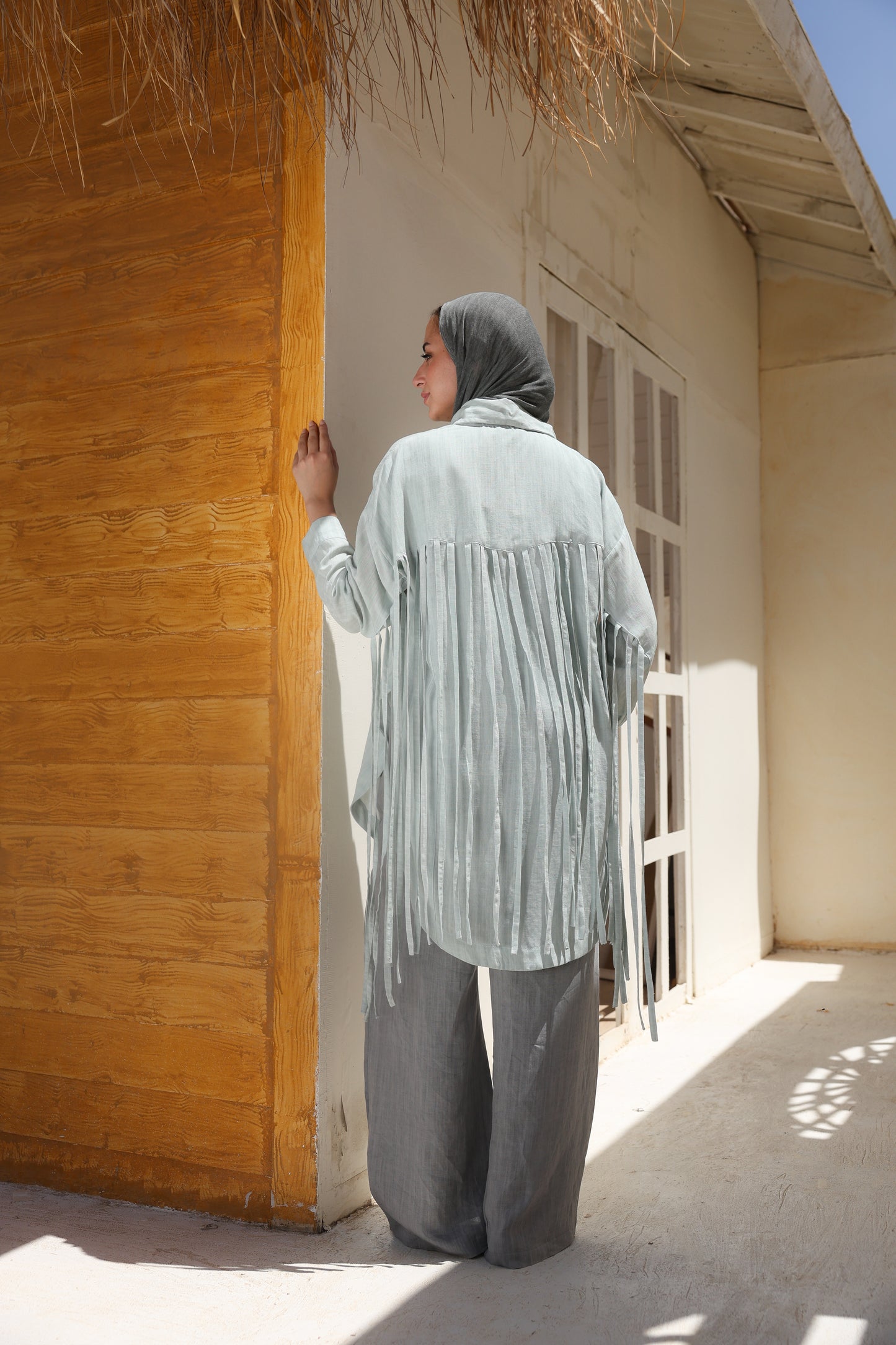 Back Fringes Linen Shirt in Mint