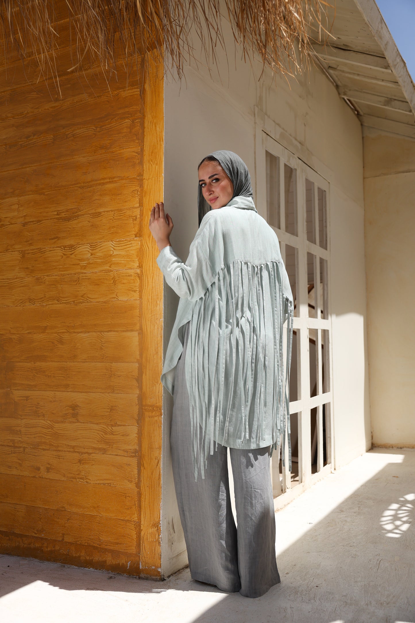 Back Fringes Linen Shirt in Mint
