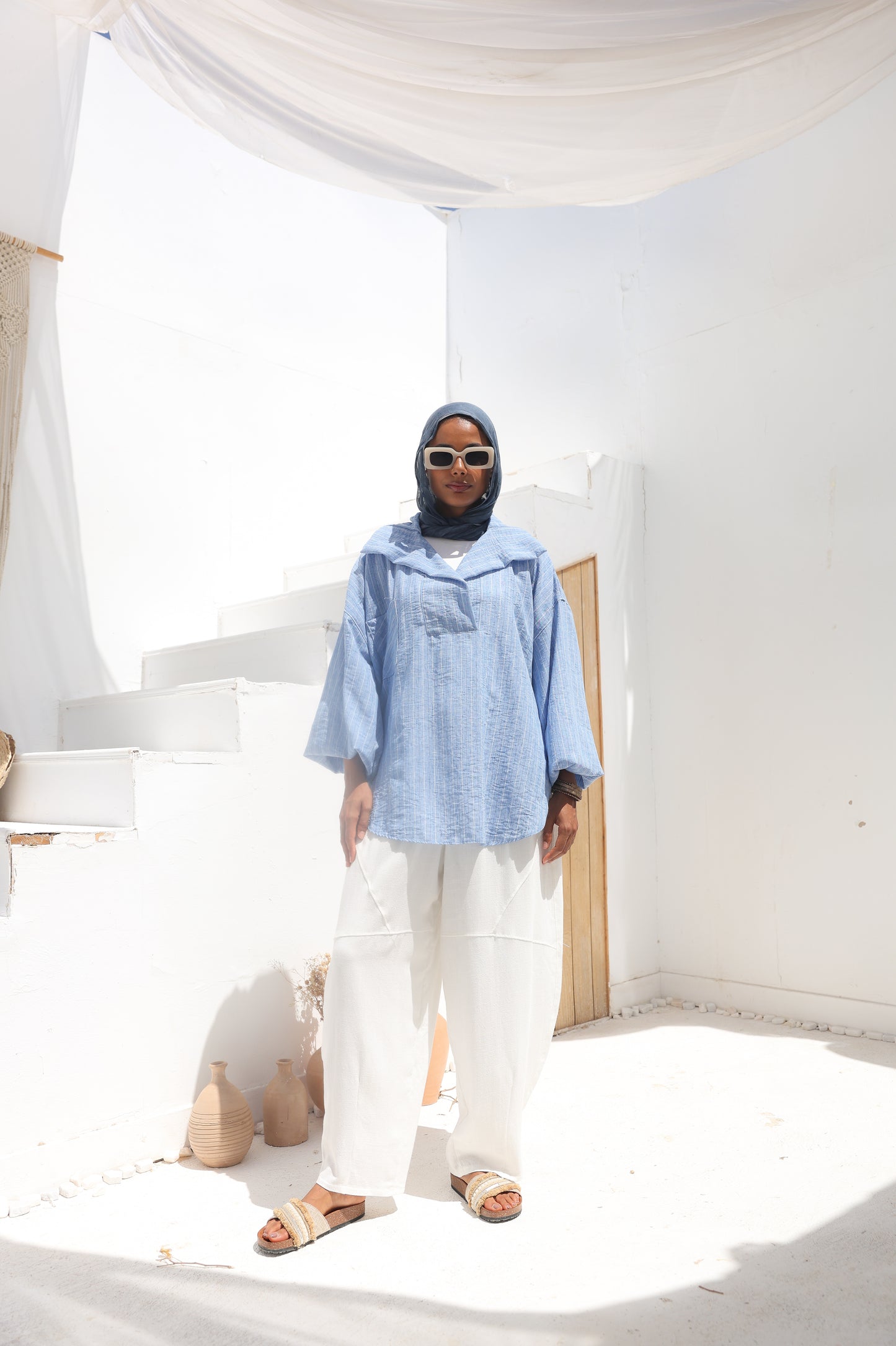 Barrel-leg Linen Pants in White