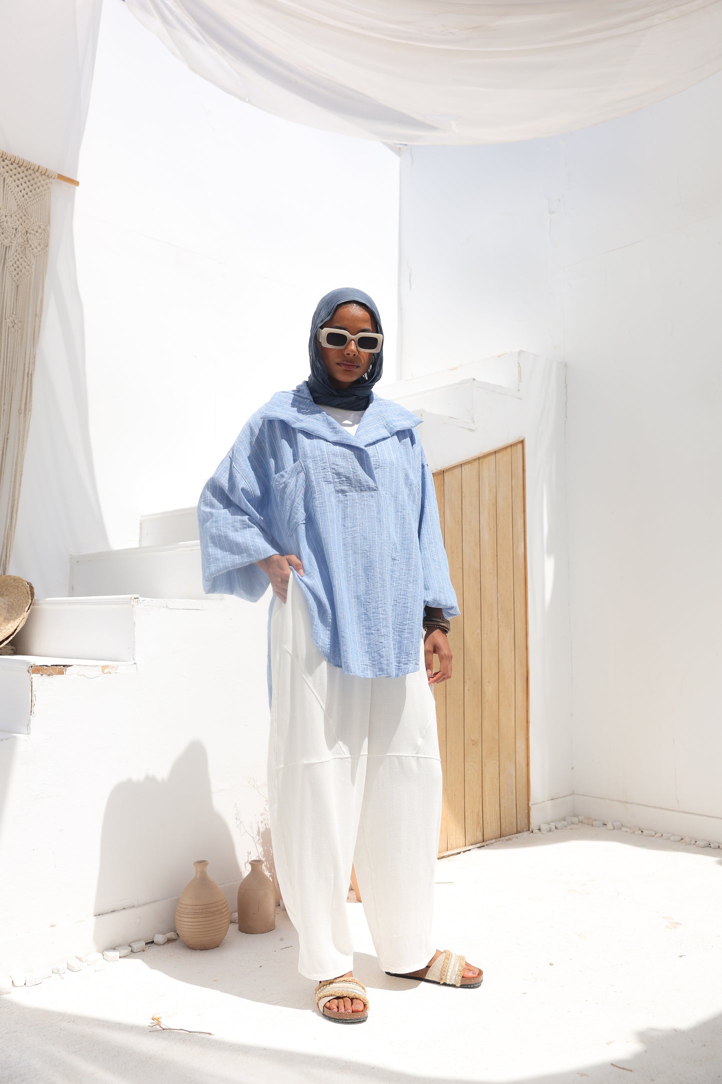 Barrel-leg Linen Pants in White