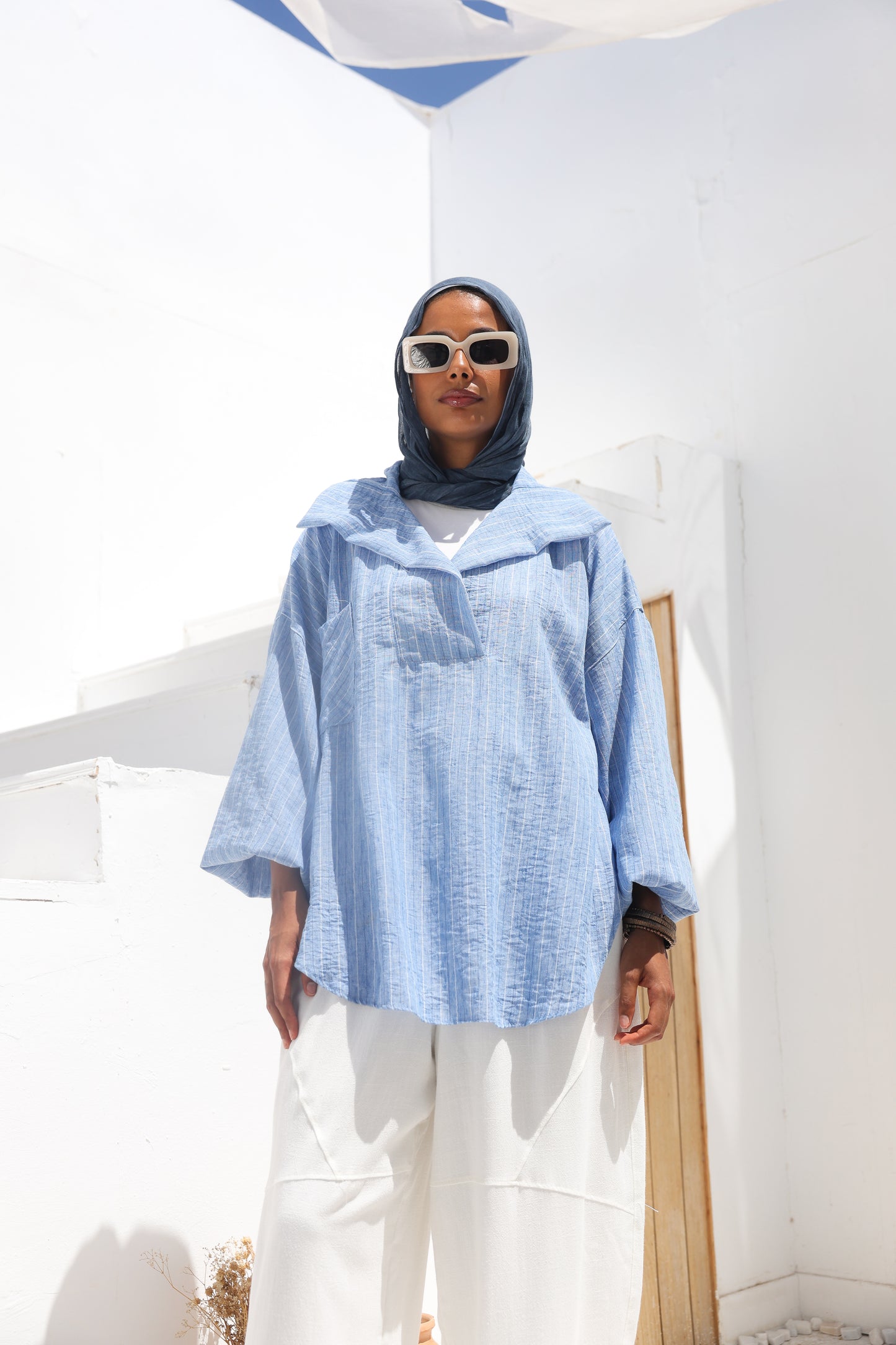 Collar Puffy Sleeves Stripes Top in Blue
