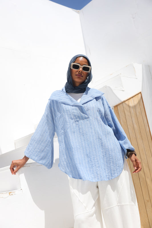 Collar Puffy Sleeves Stripes Top in Blue