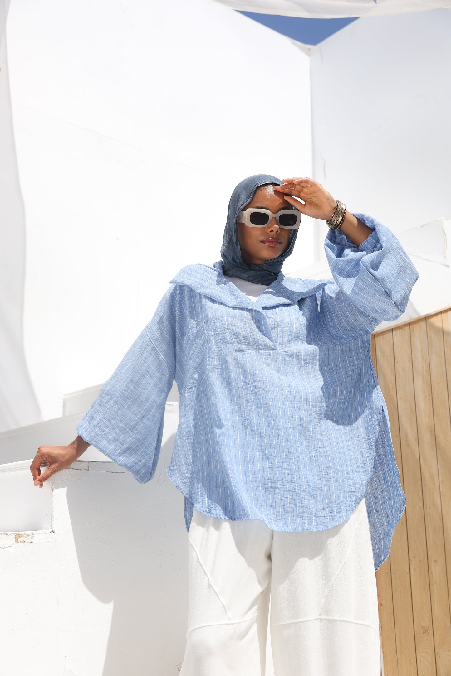 Collar Puffy Sleeves Stripes Top in Blue