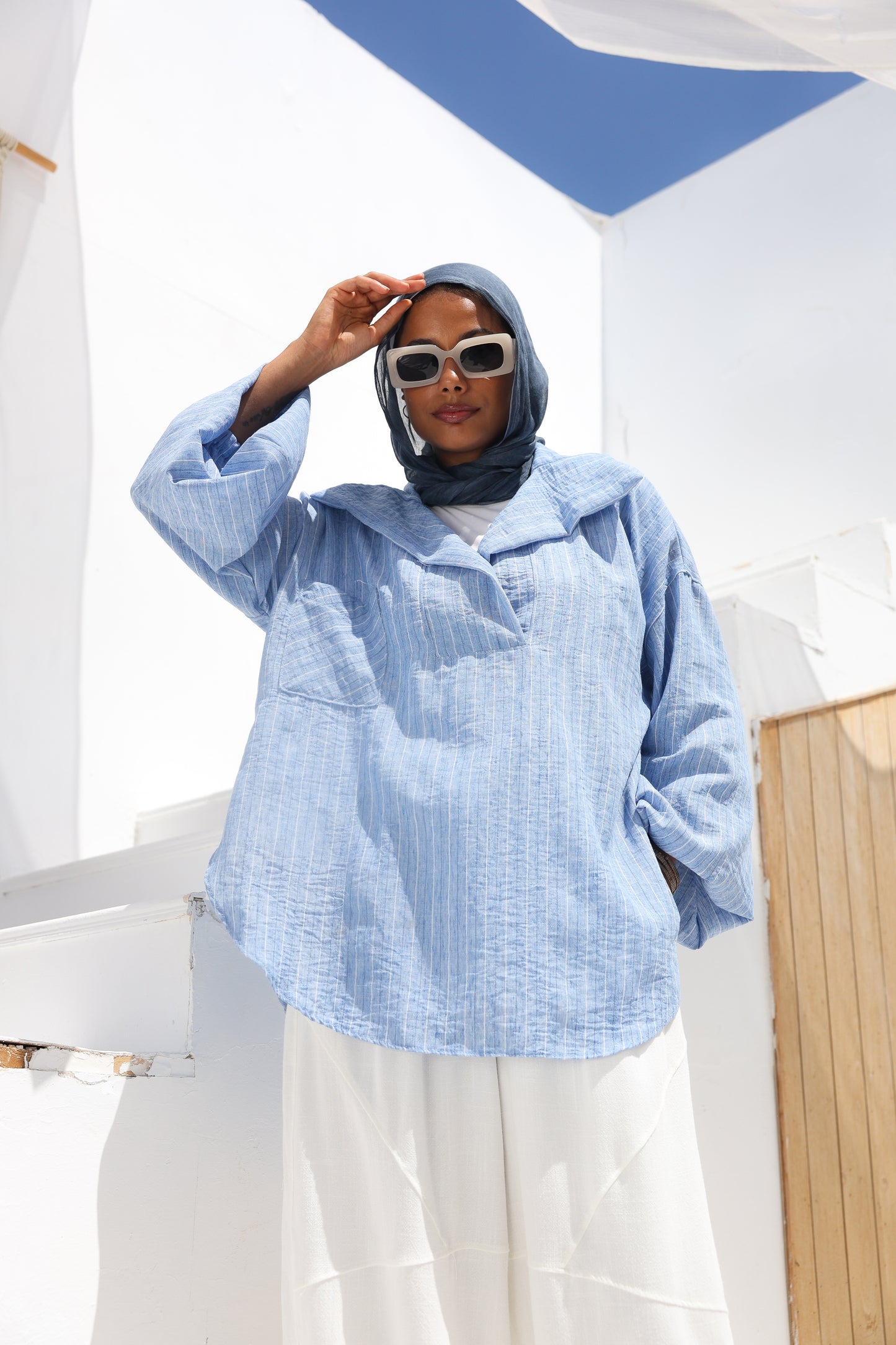 Collar Puffy Sleeves Stripes Top in Blue