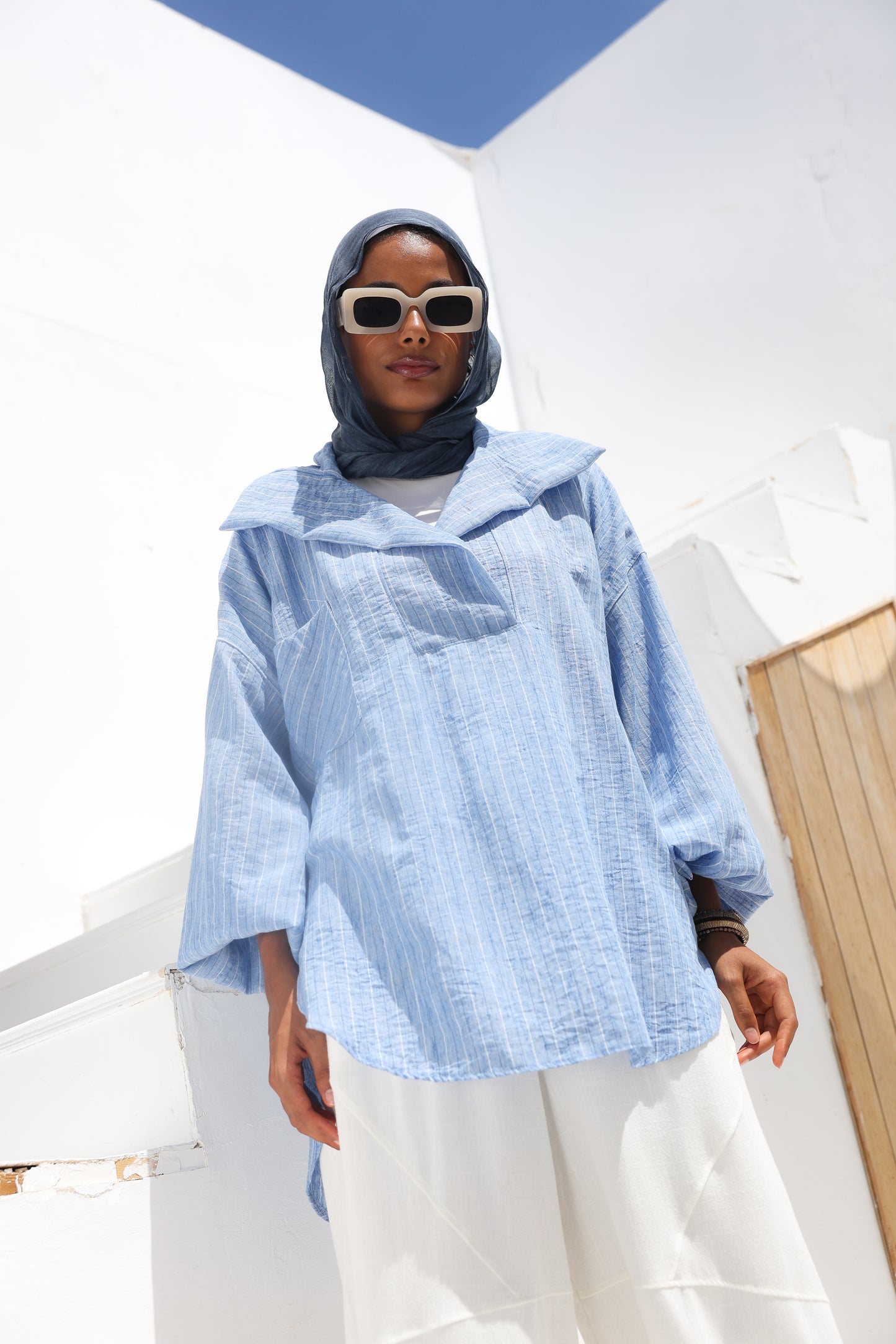 Collar Puffy Sleeves Stripes Top in Blue