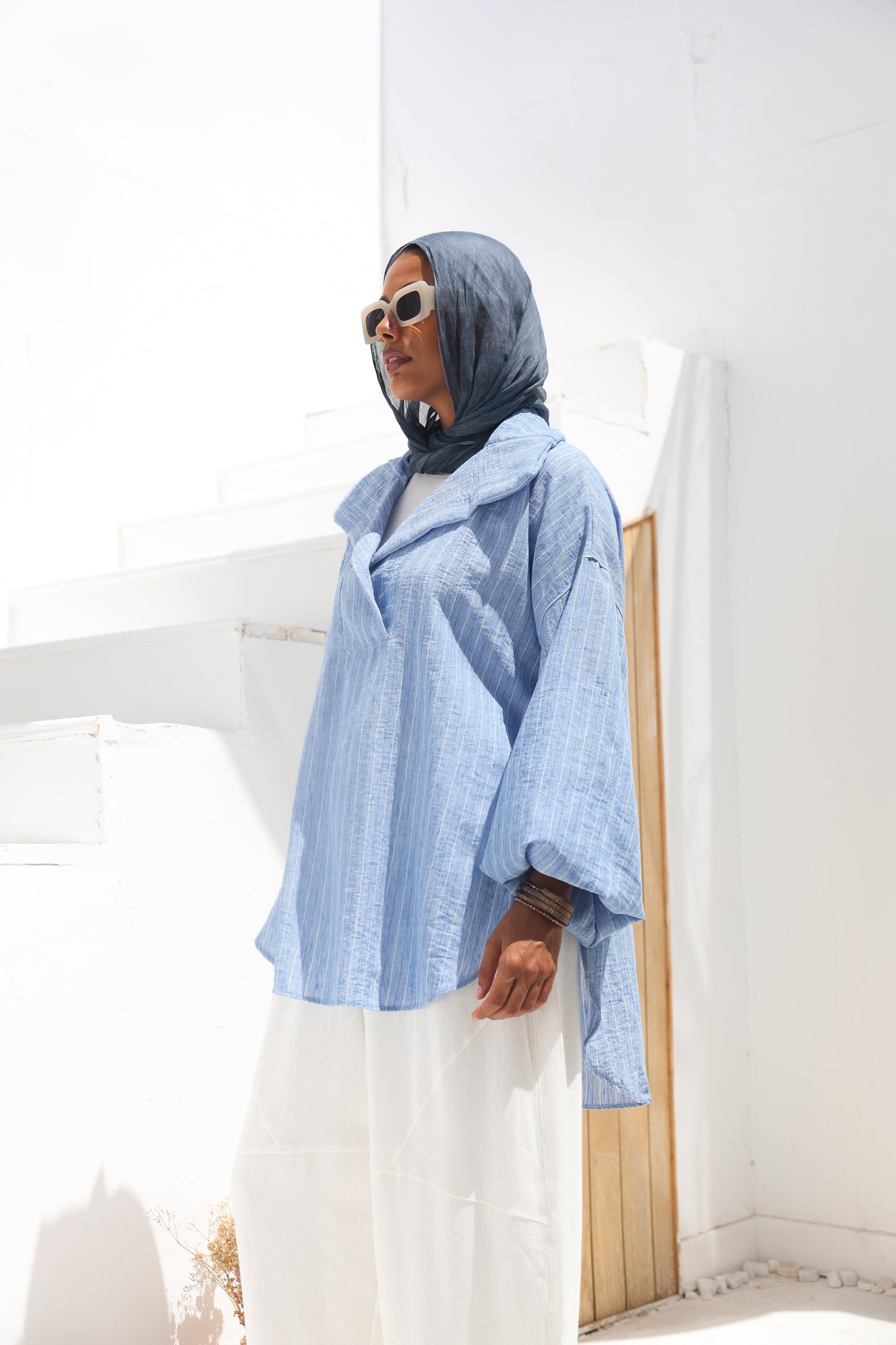 Collar Puffy Sleeves Stripes Top in Blue