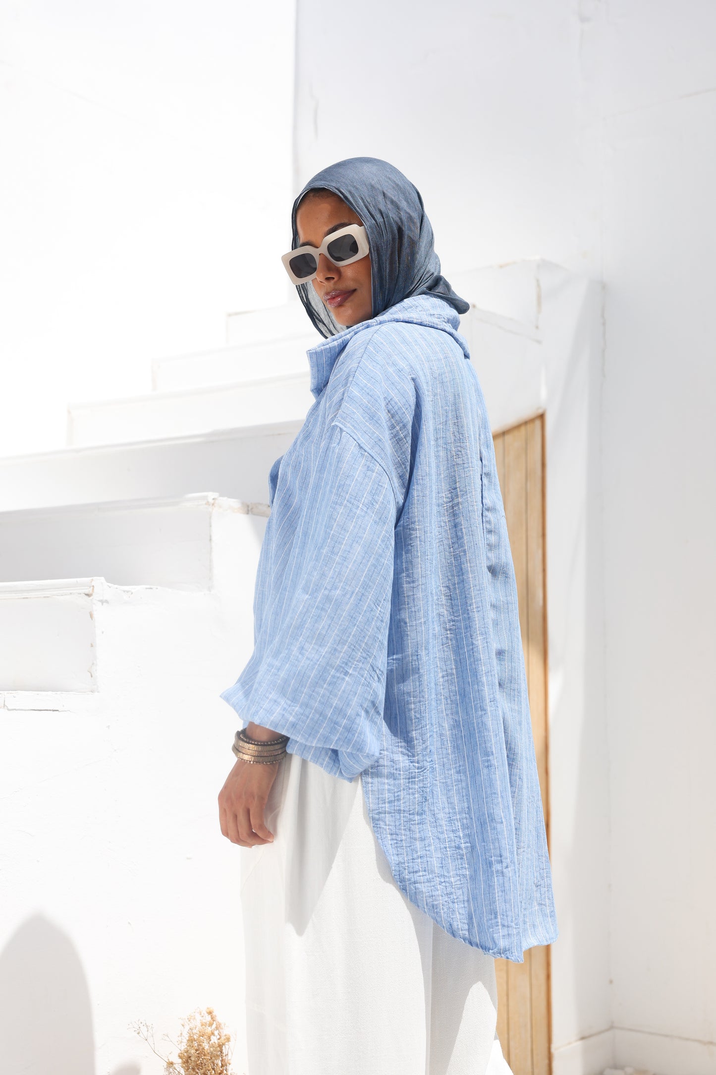 Collar Puffy Sleeves Stripes Top in Blue