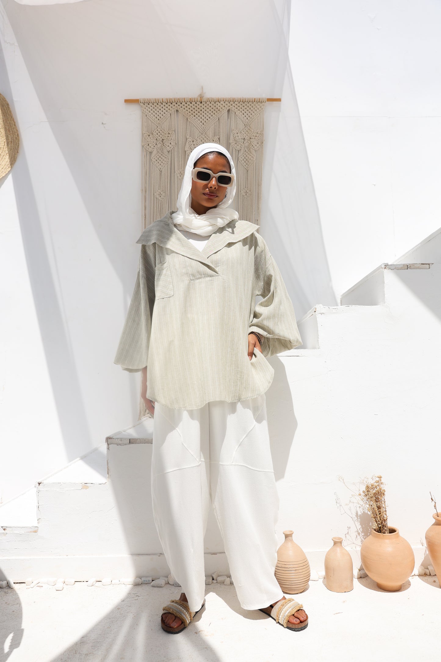 Barrel-leg Linen Pants in White
