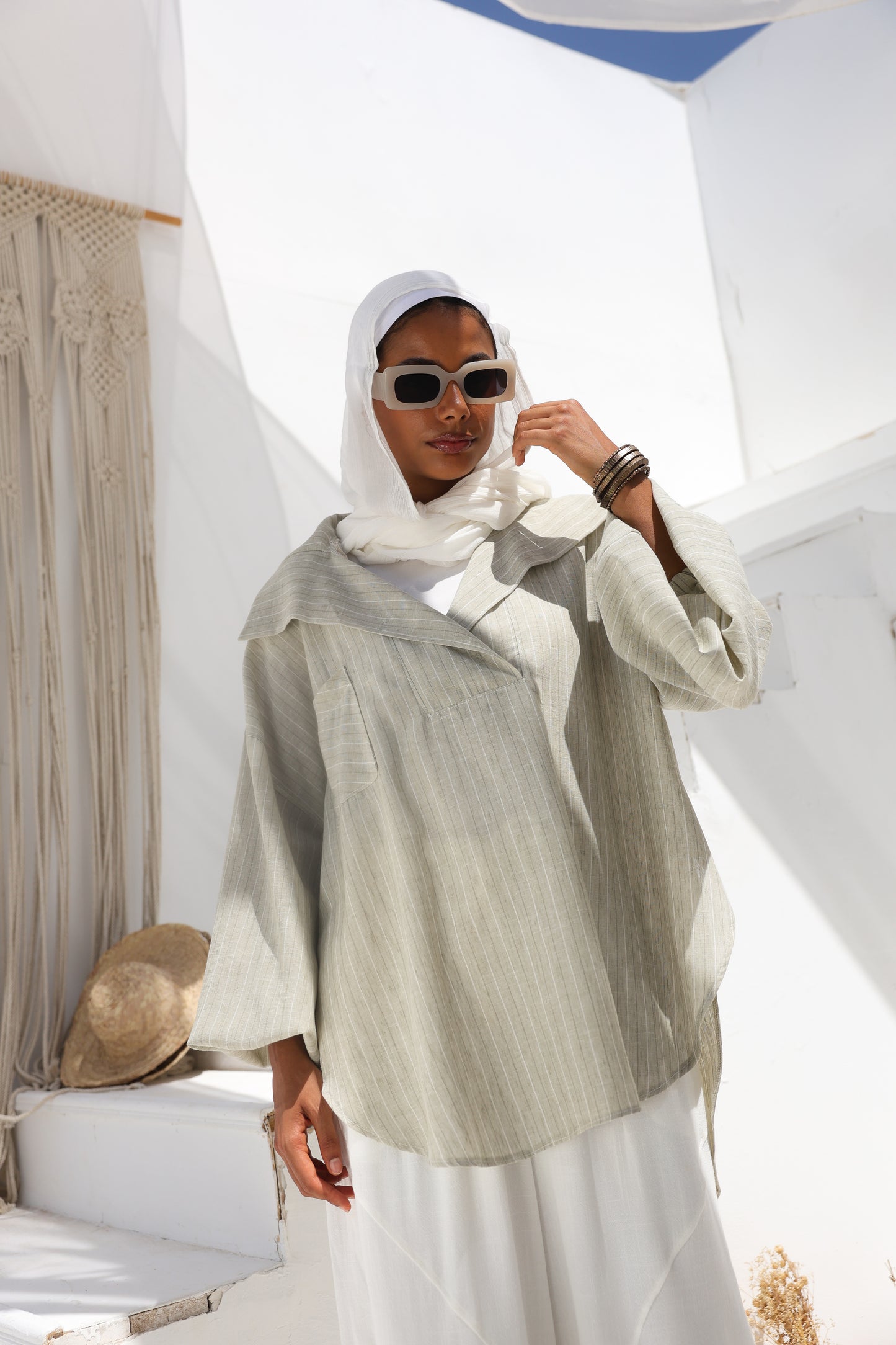 Collar Puffy Sleeves Stripes Top in Mint