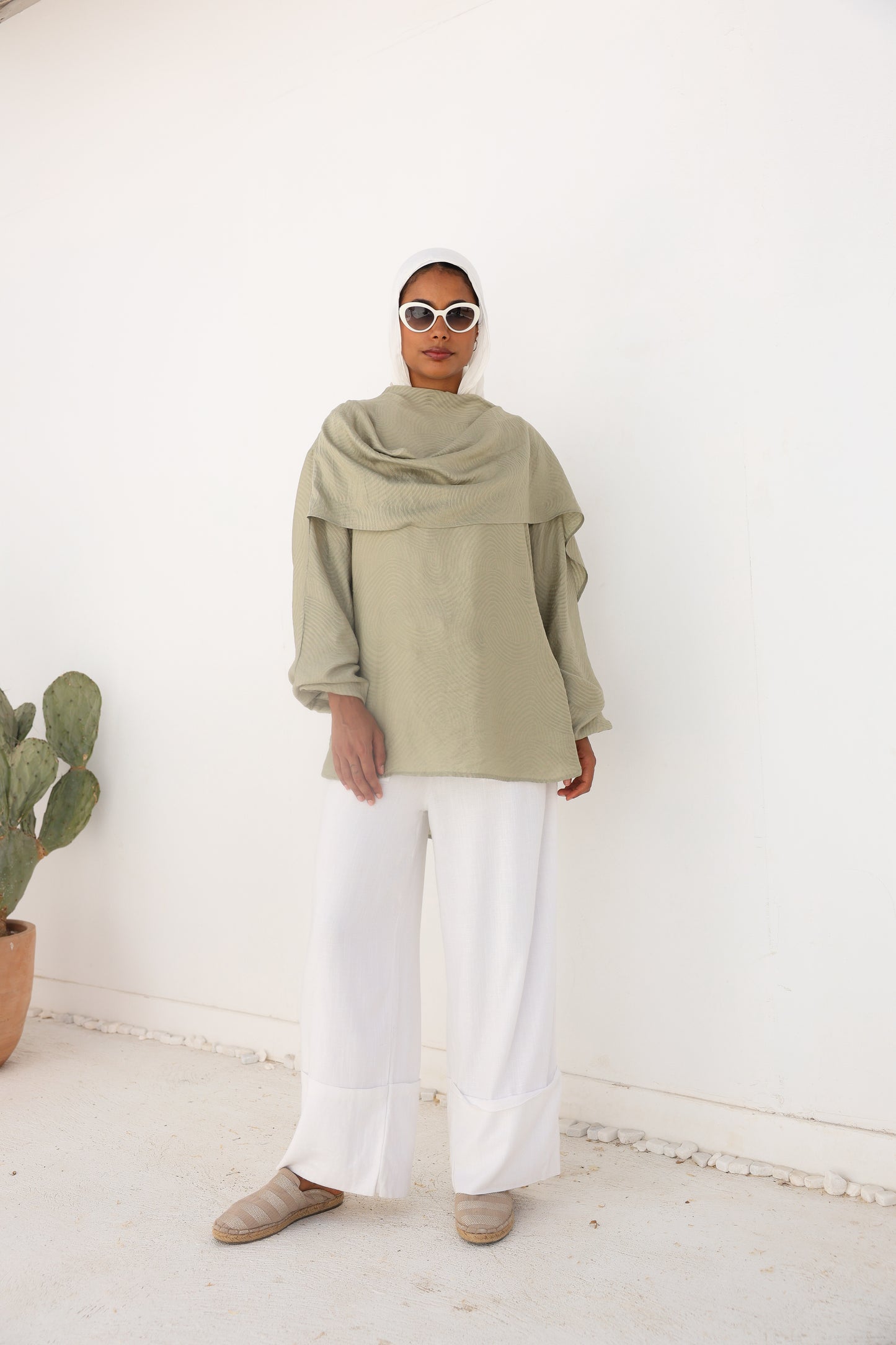 Olive Mist Linen Drape Top