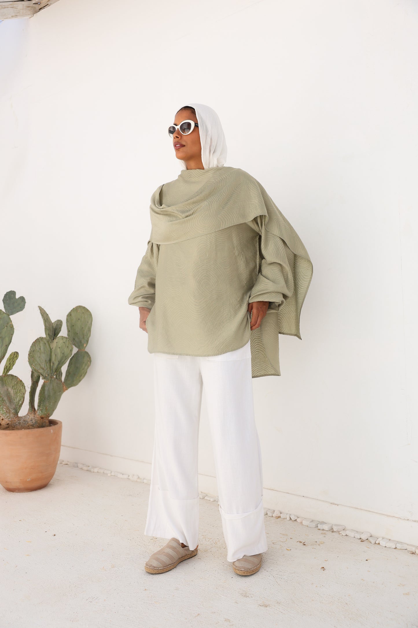 Olive Mist Linen Drape Top