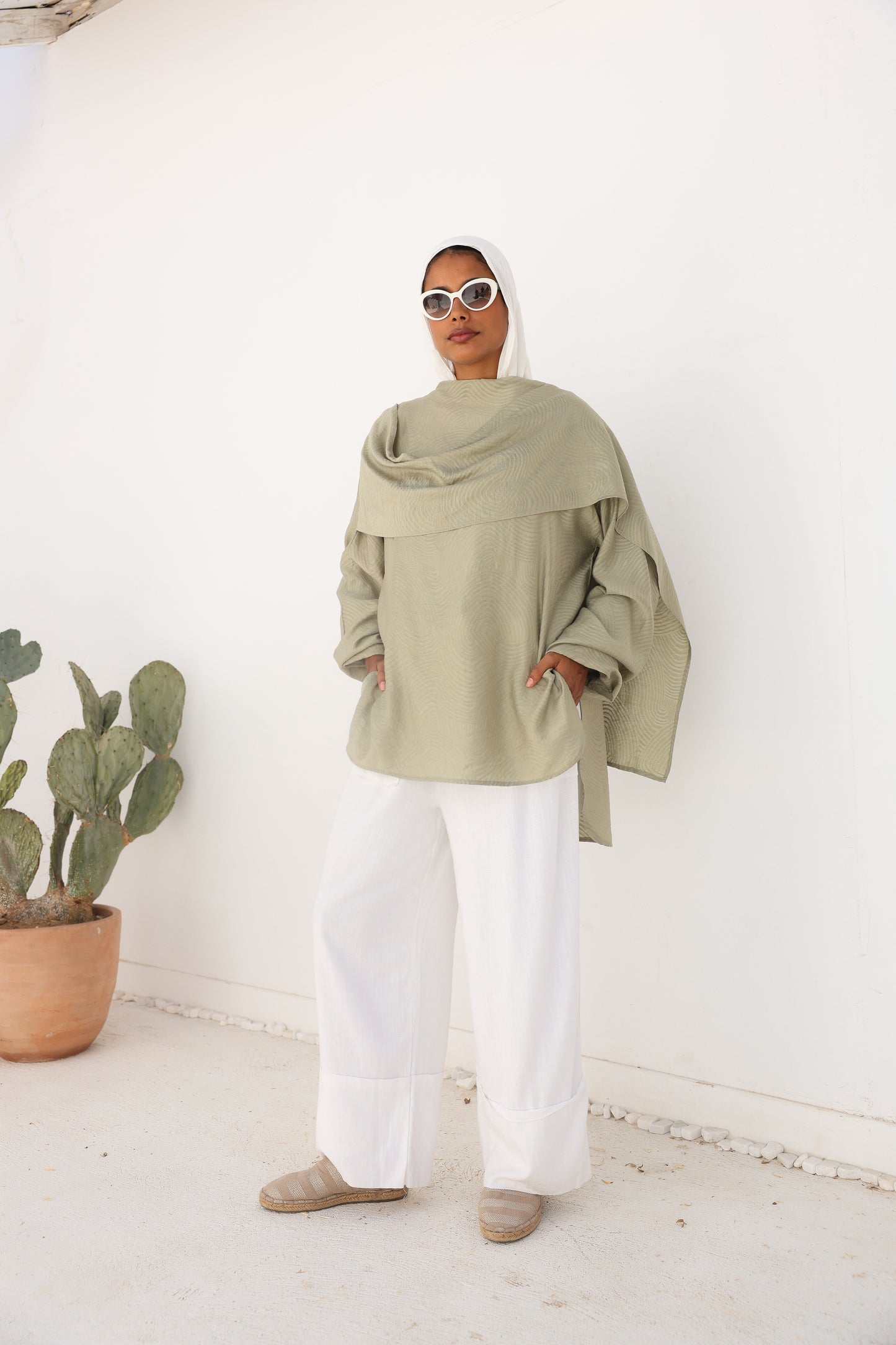 Olive Mist Linen Drape Top