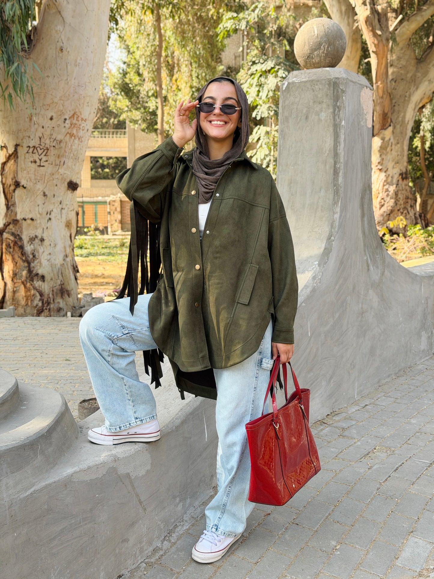 Back Fringes Suede Shirt in Olive
