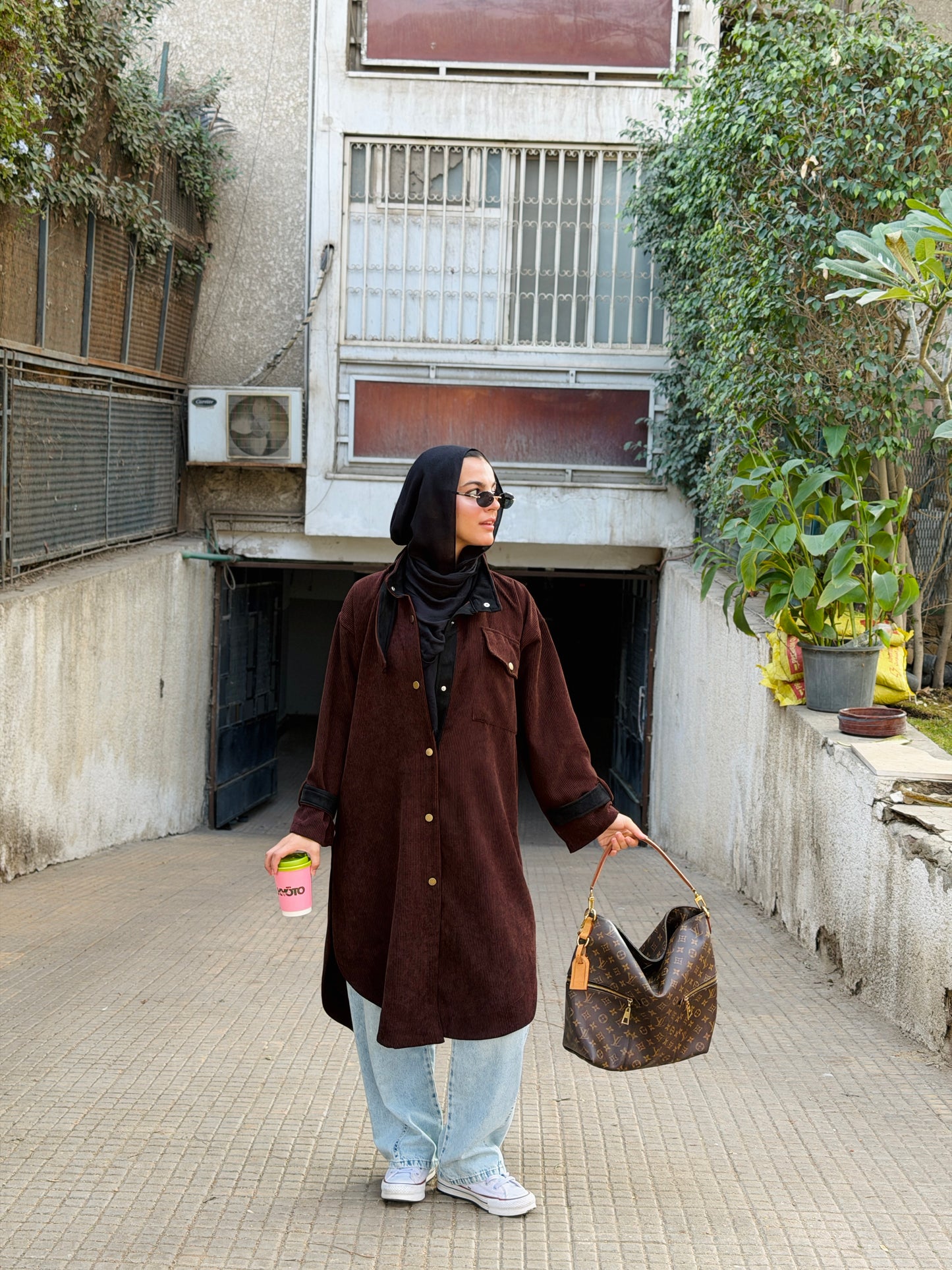 Bicolor Velvet Long Shirt in Brown