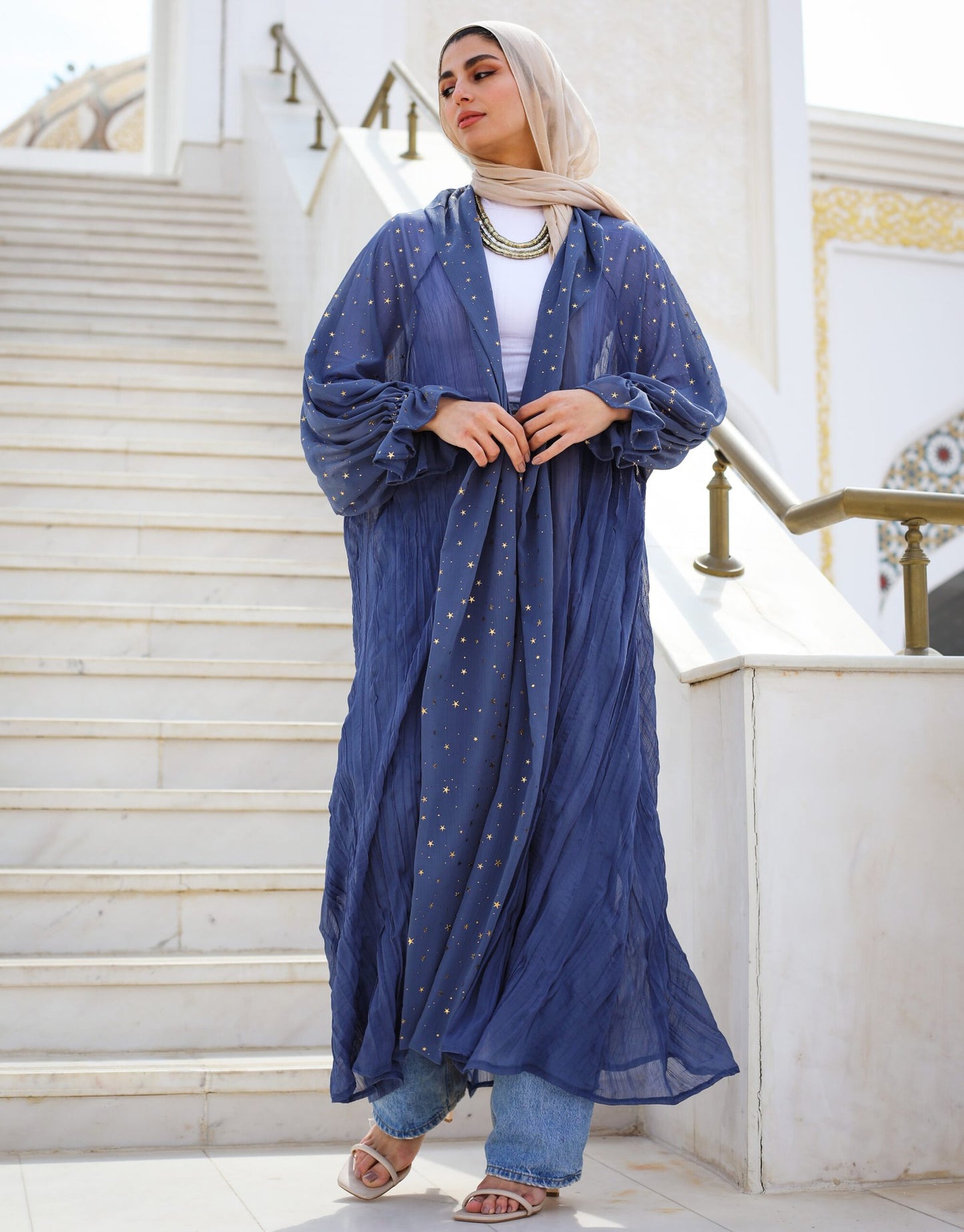 Puff Sleeves Crushed Kaftan in Blue