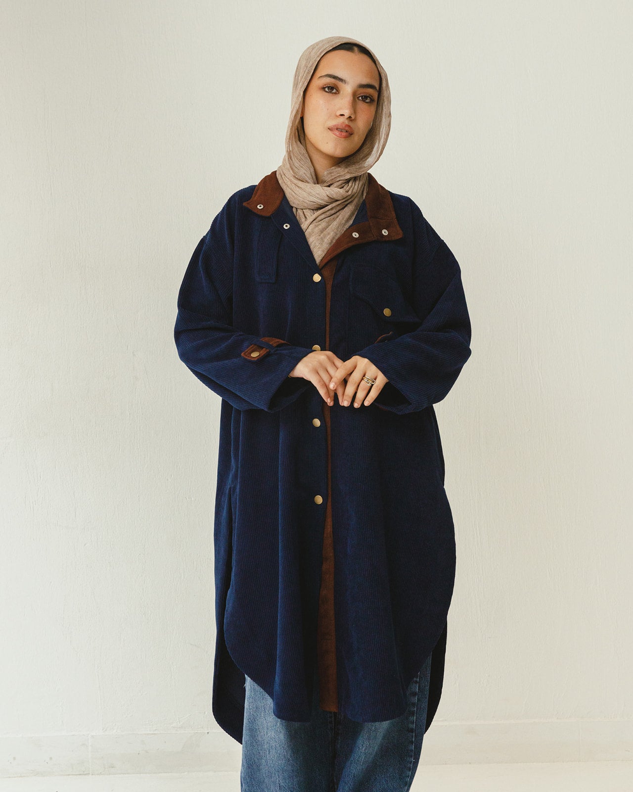 Bicolor Velvet Long Shirt in Navy