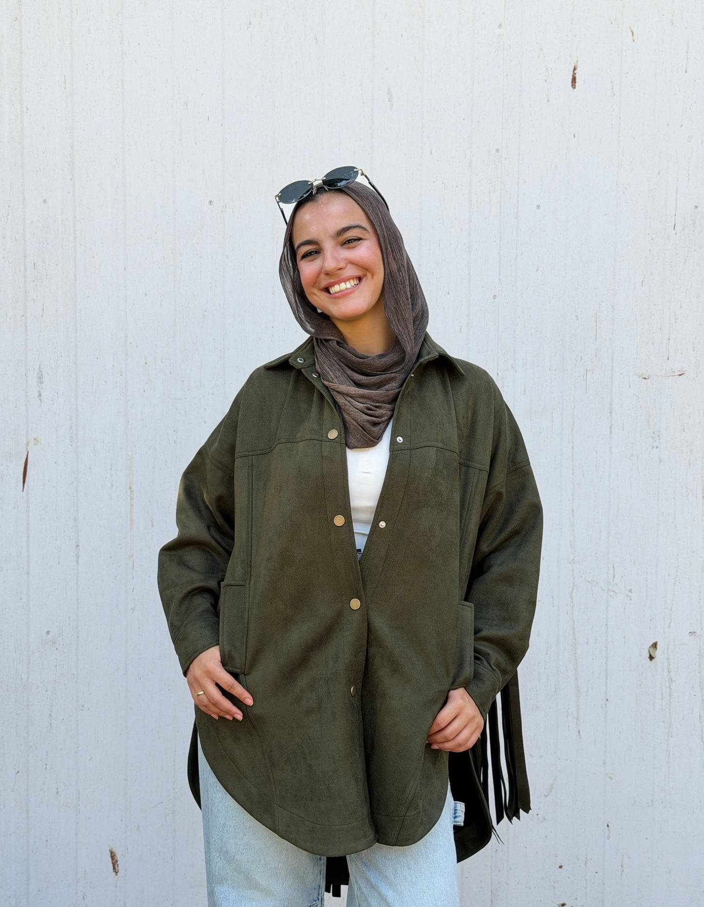 Back Fringes Suede Shirt in Olive